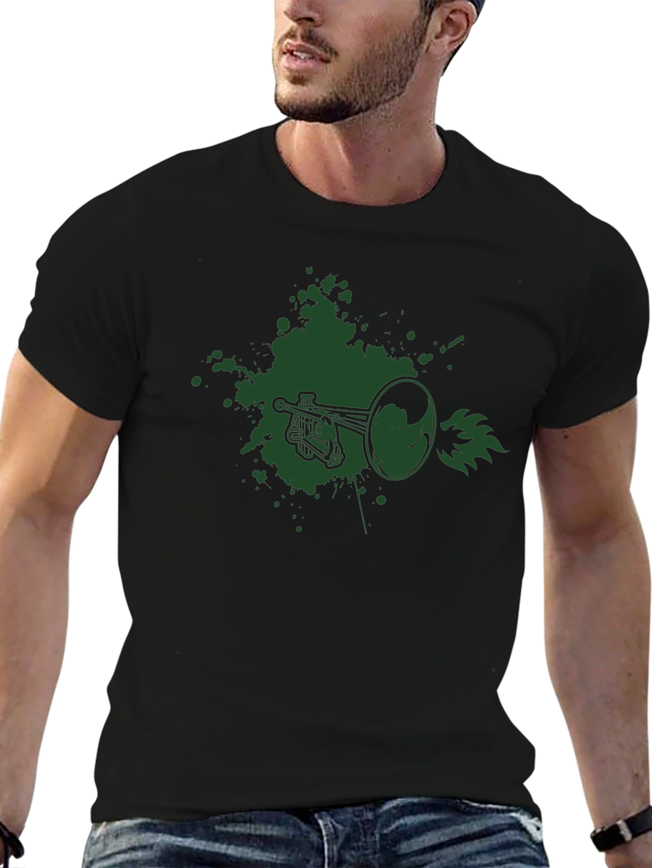 Graphic Tee - Trumpet Design Black Cotton T-Shirt