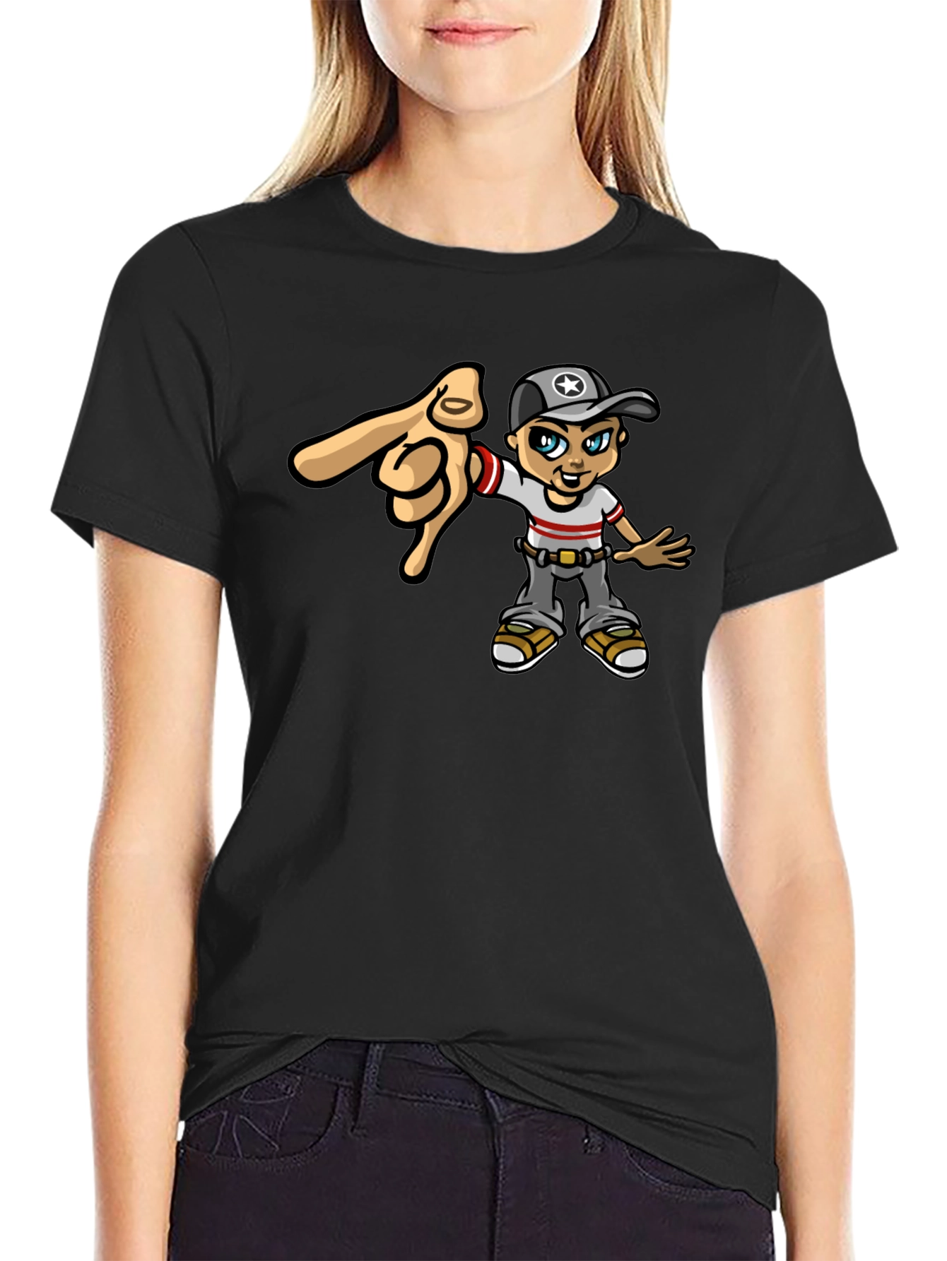 Cartoon Character Pointing Black T-Shirt