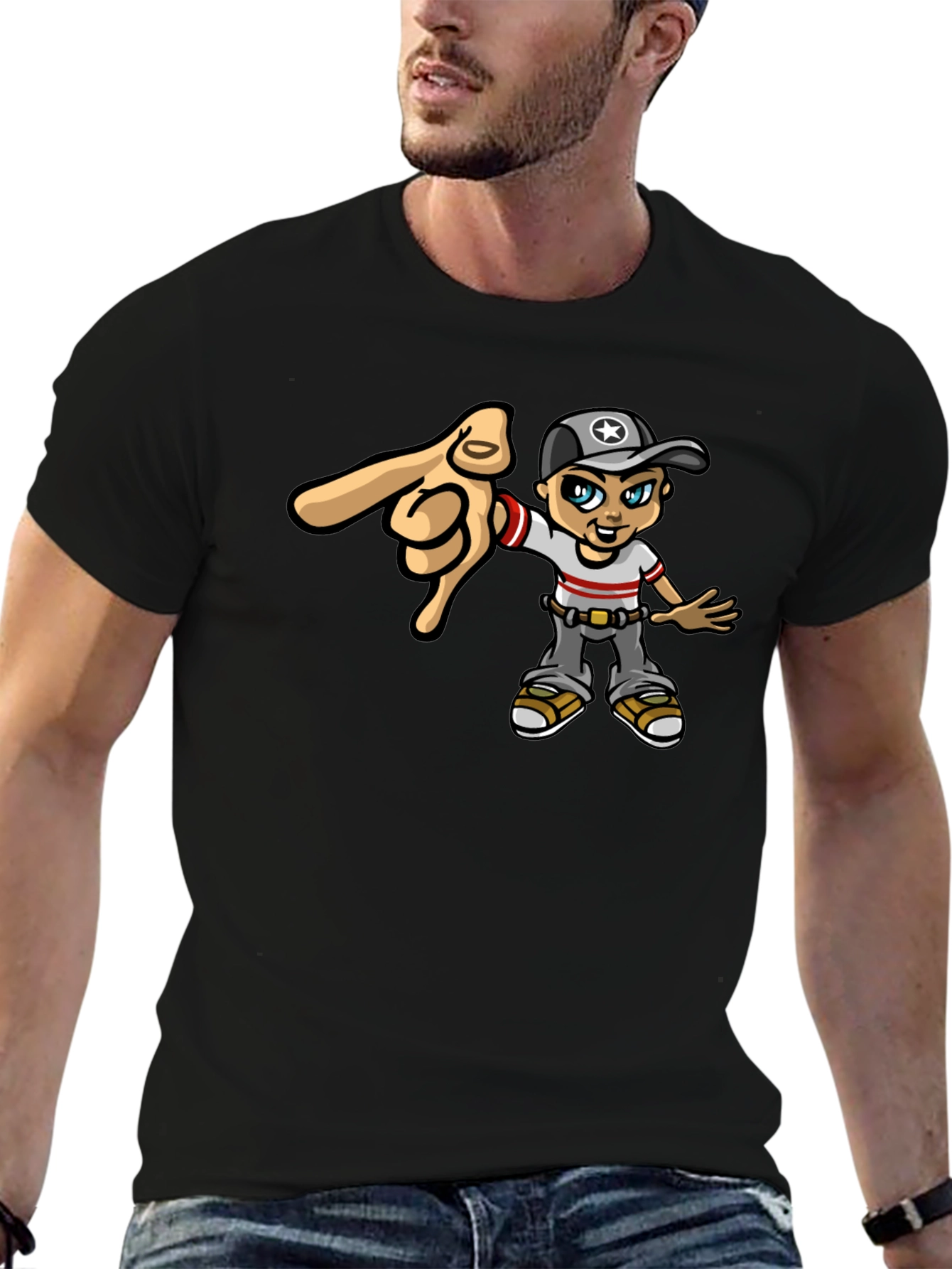 Cartoon Character Pointing Black T-Shirt
