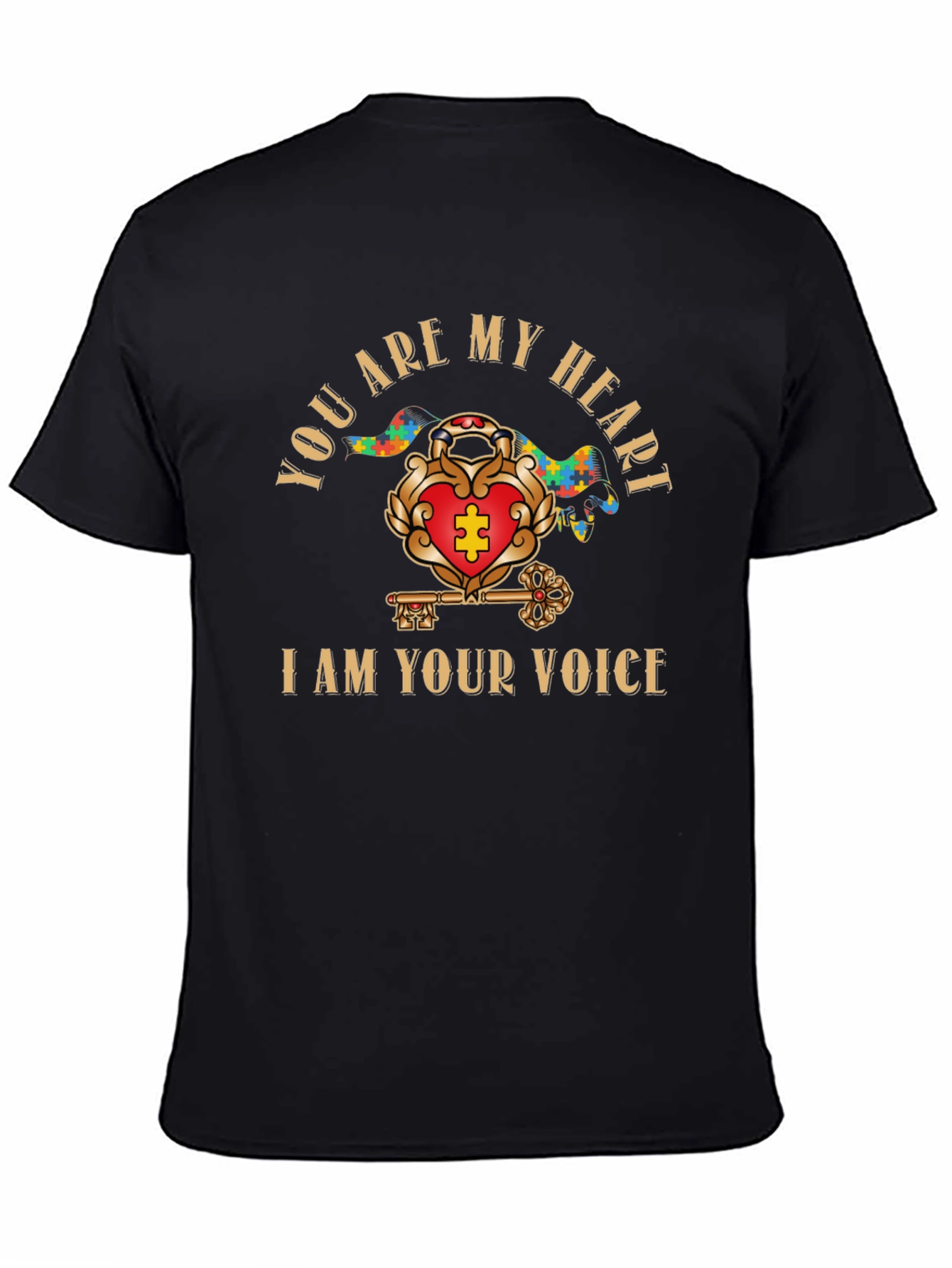 Autism Awareness Heart & Key Black T-Shirt
