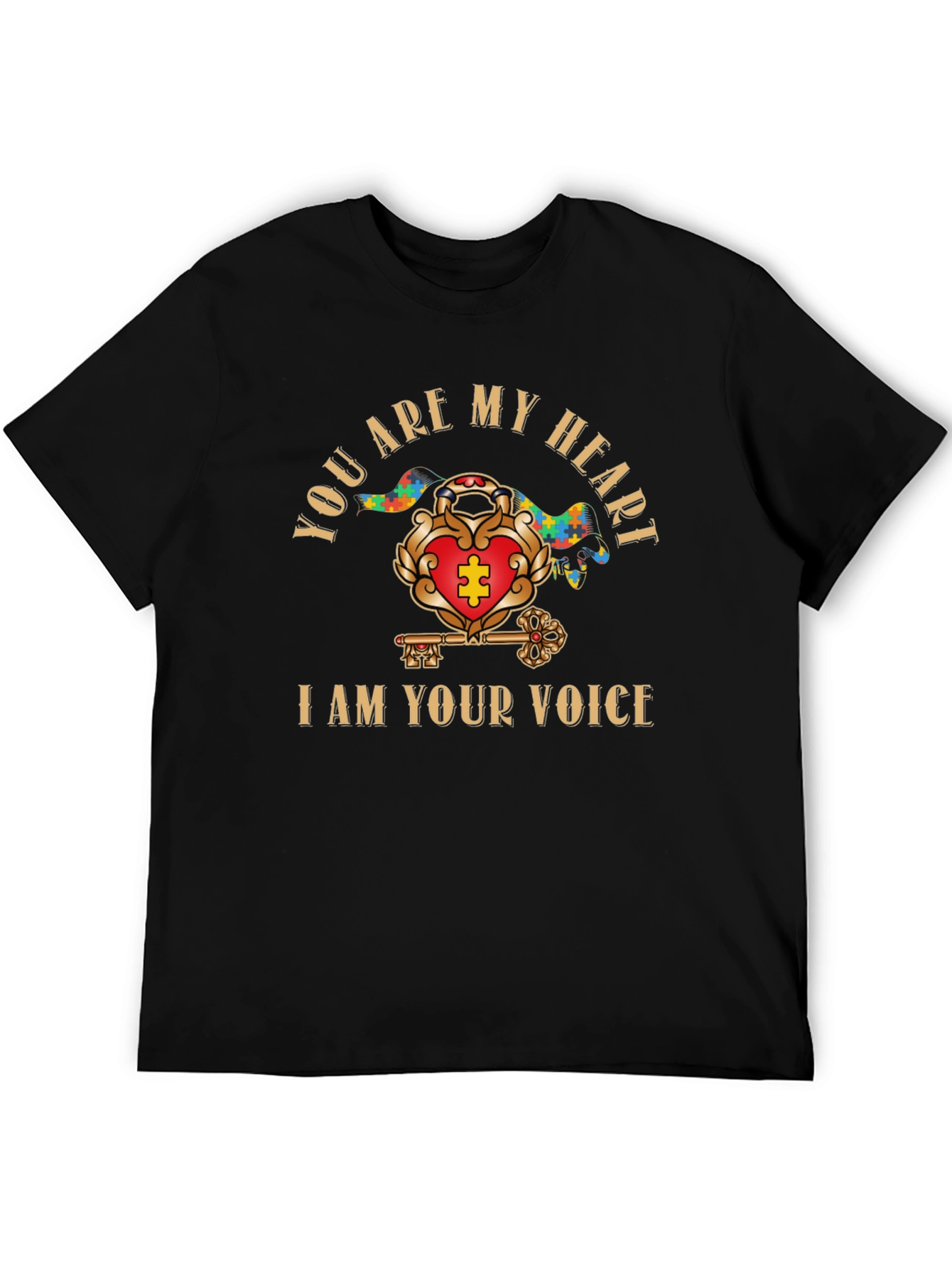 Autism Awareness Heart & Key Black T-Shirt