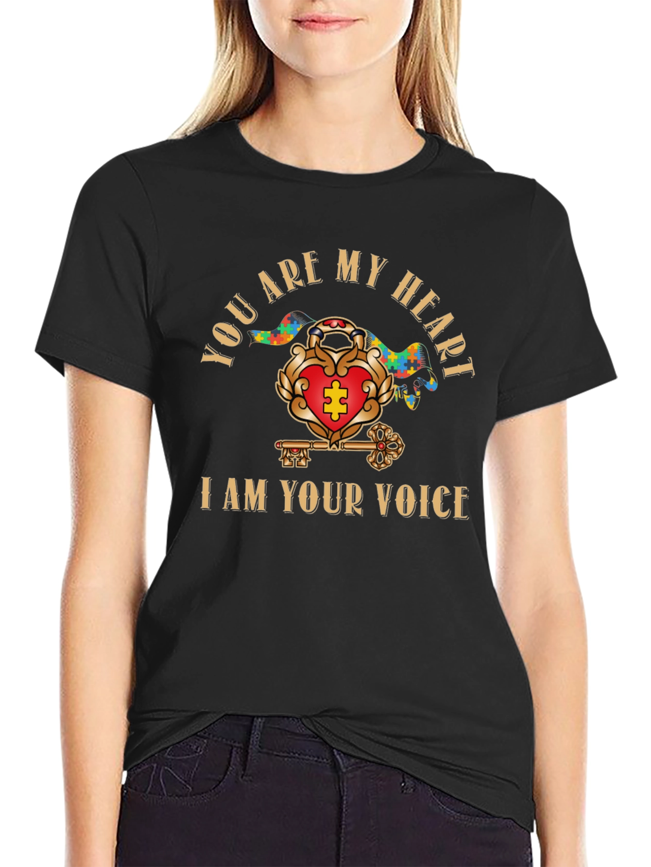 Autism Awareness Heart & Key Black T-Shirt