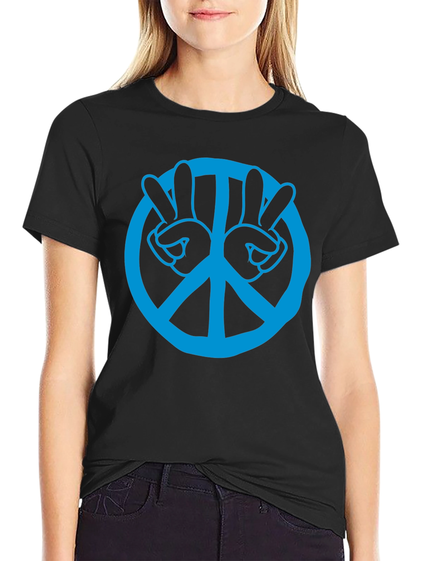 Peace Sign Hand Gesture Graphic Tee - Black