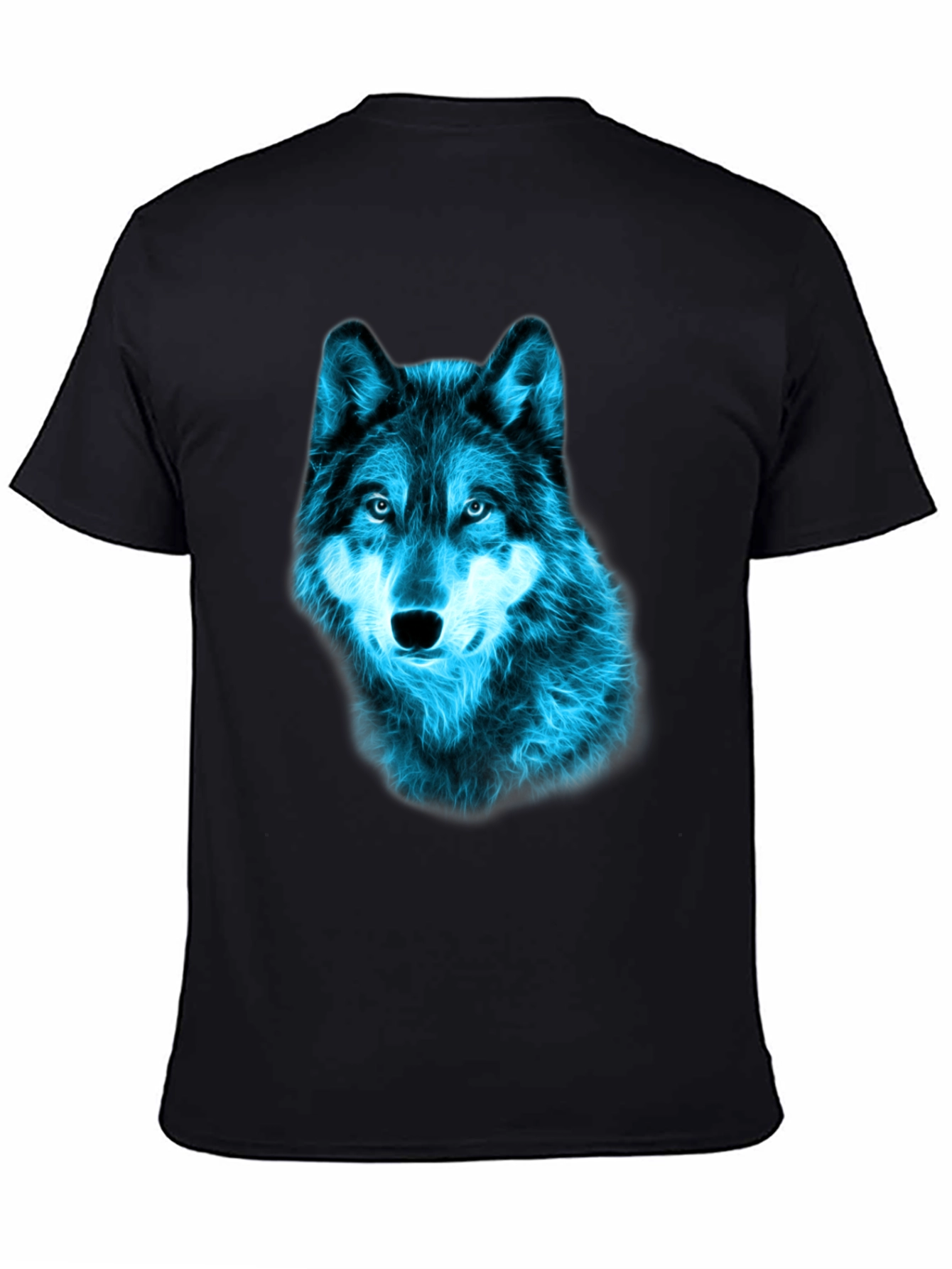 Neon Blue Wolf Graphic Tee - Black Cotton T-Shirt