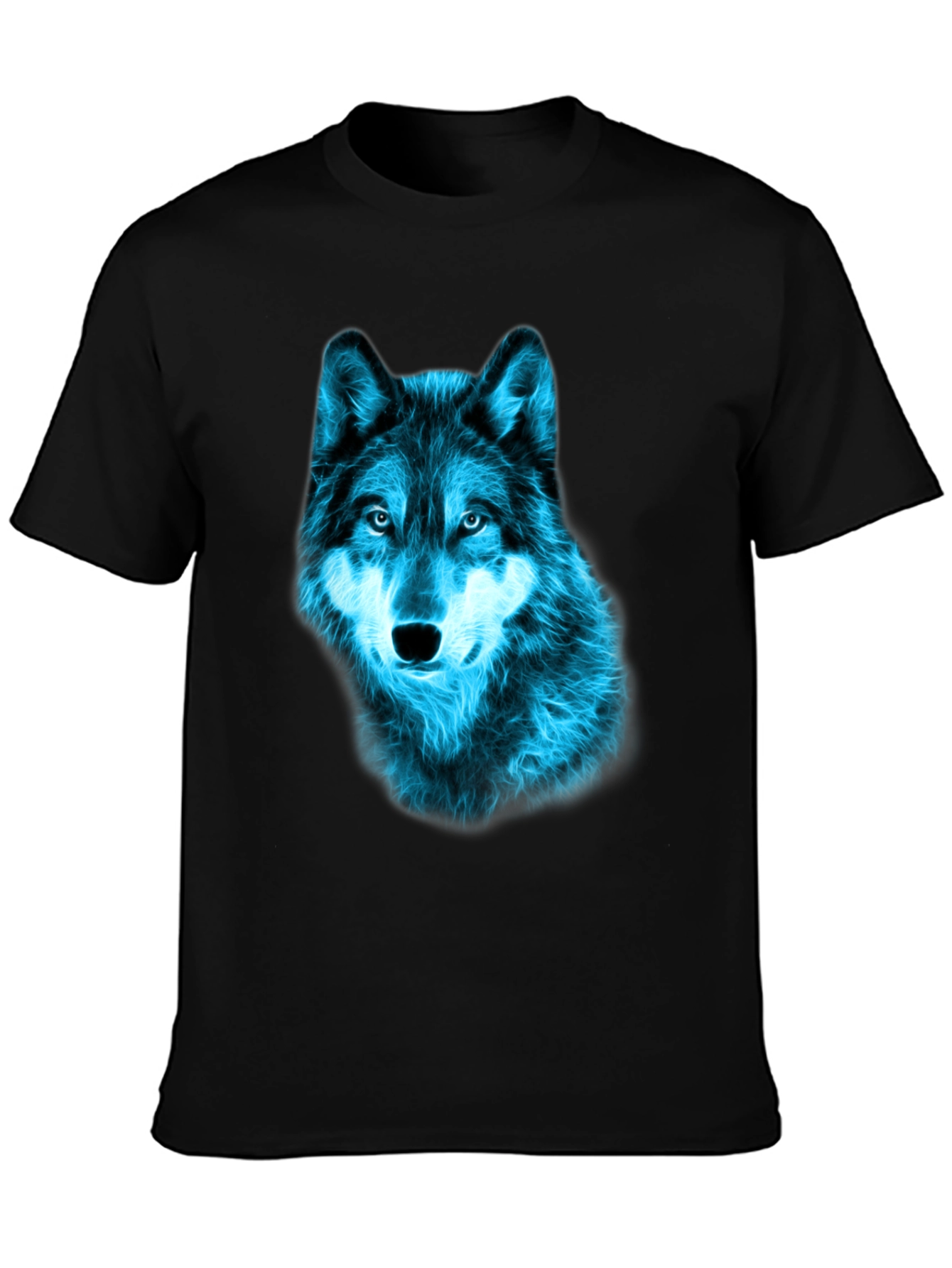 Neon Blue Wolf Graphic Tee - Black Cotton T-Shirt