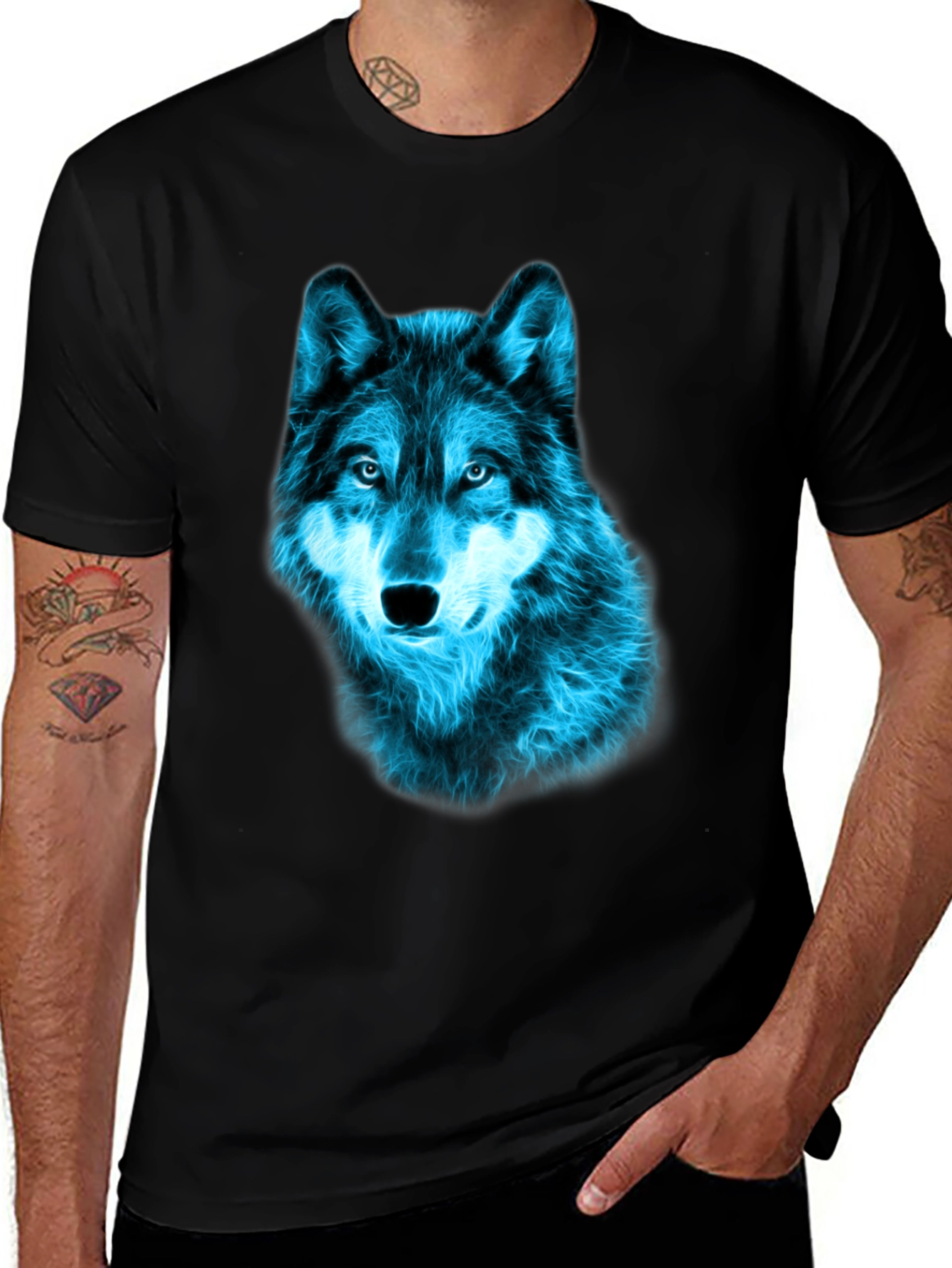 Neon Blue Wolf Graphic Tee - Black Cotton T-Shirt