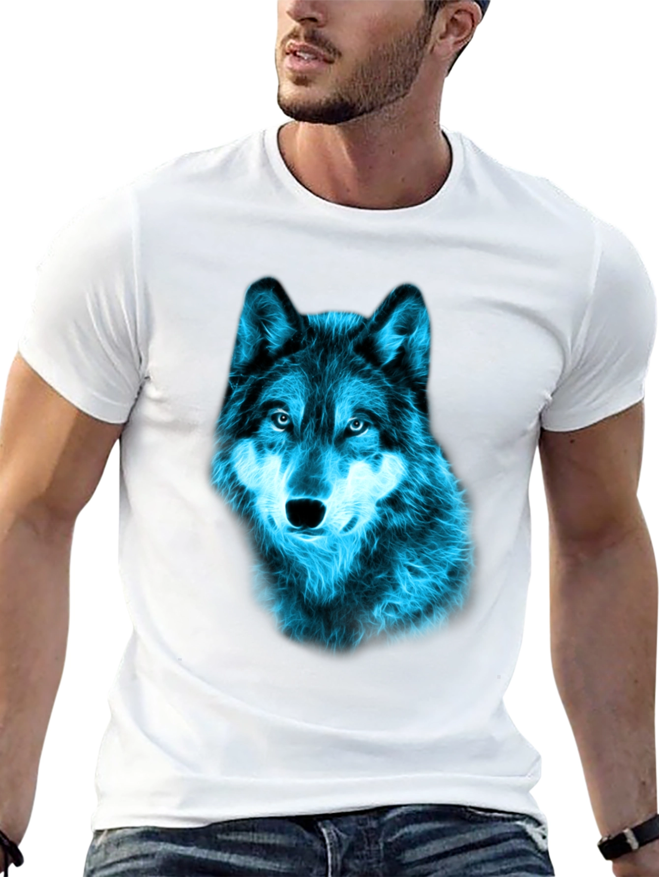 Neon Blue Wolf Graphic Tee - Black Cotton T-Shirt