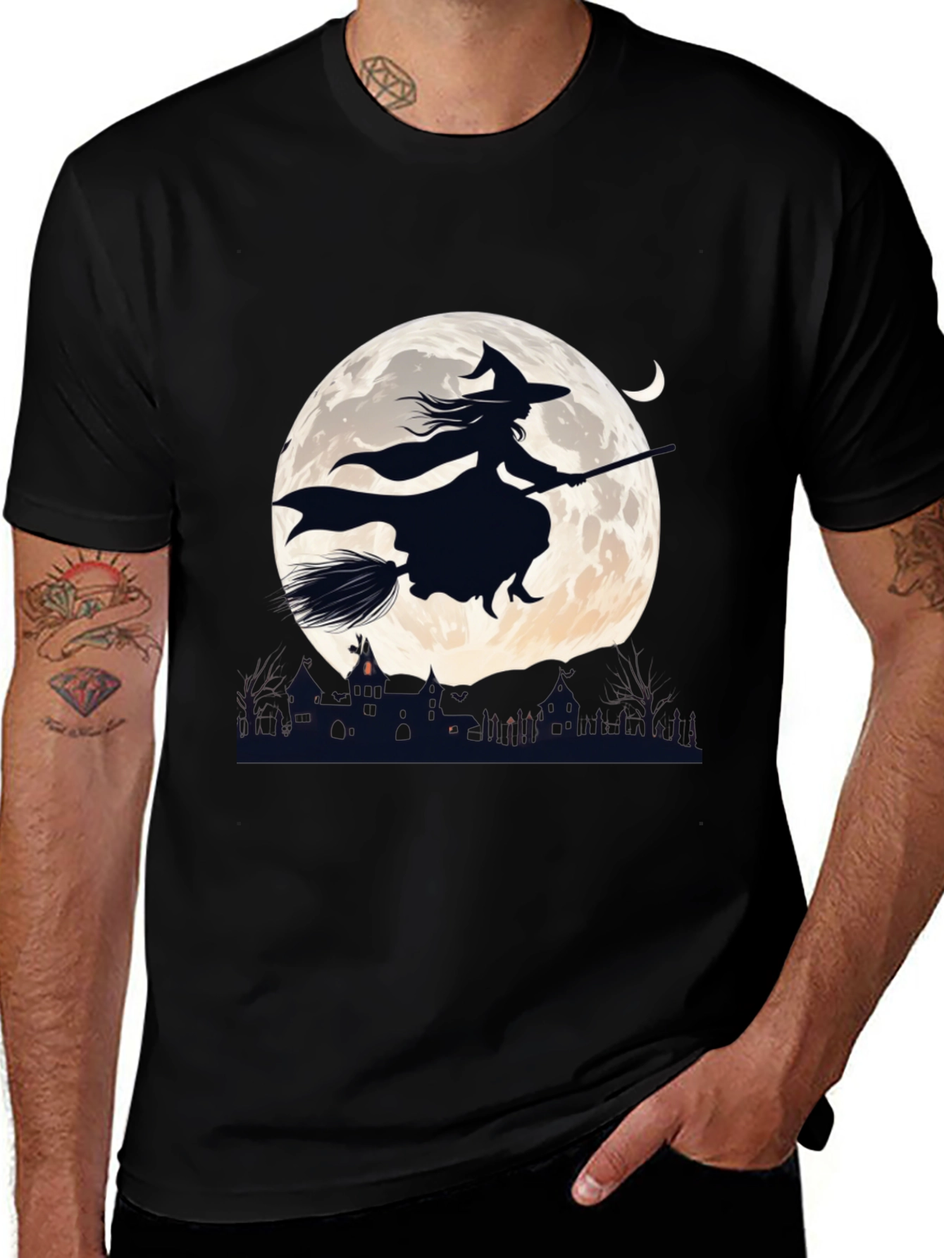 Witch on Broomstick T-Shirt - Halloween Moon Design