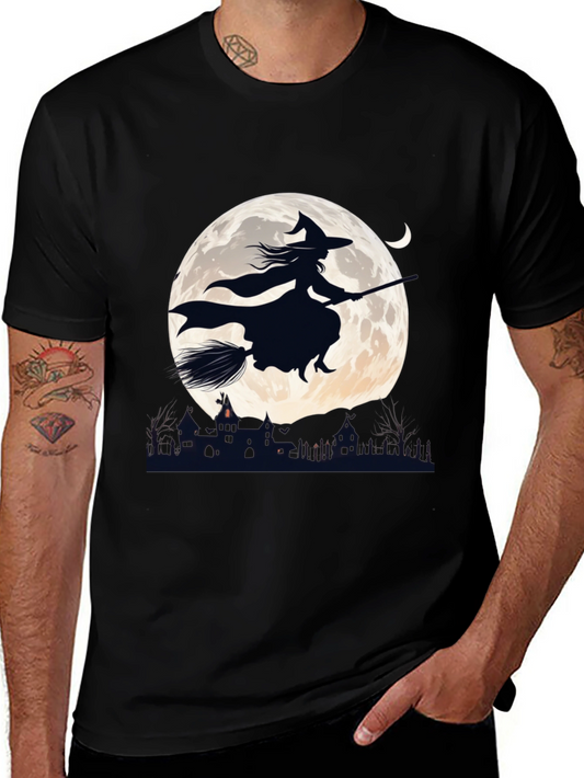 Witch on Broomstick T-Shirt - Halloween Moon Design