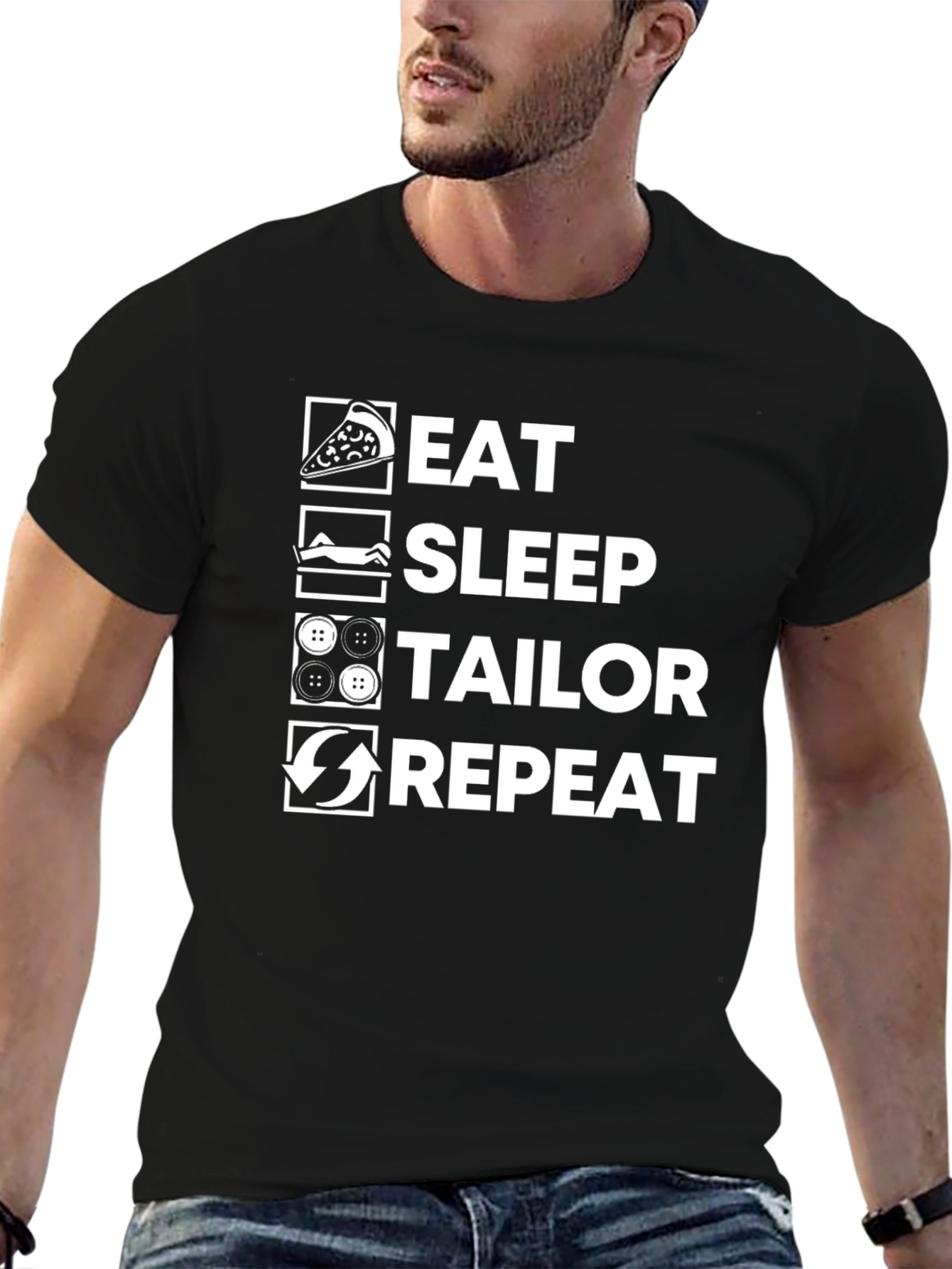 Eat Sleep Tailor Repeat Black Graphic T-Shirt