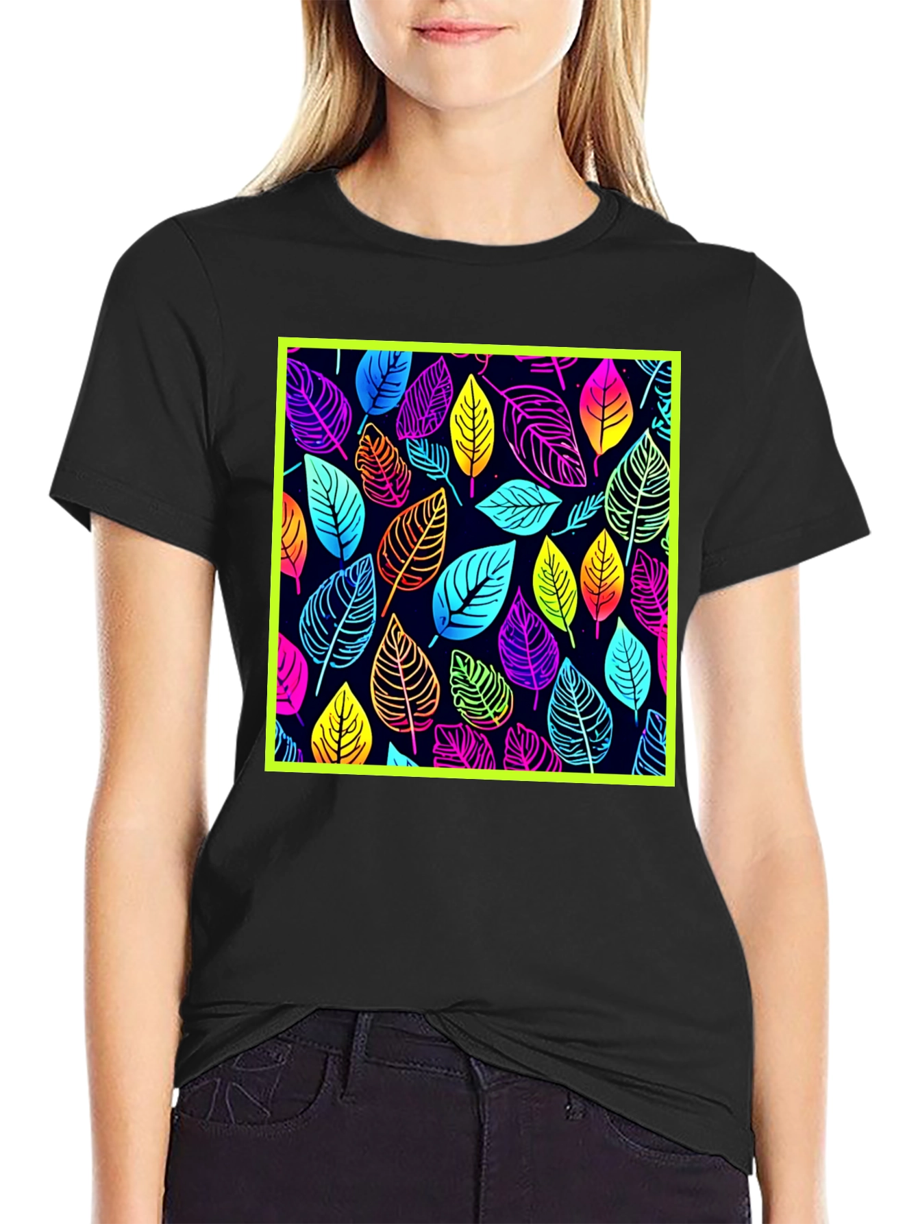 Neon Leaves Graphic Black T-Shirt