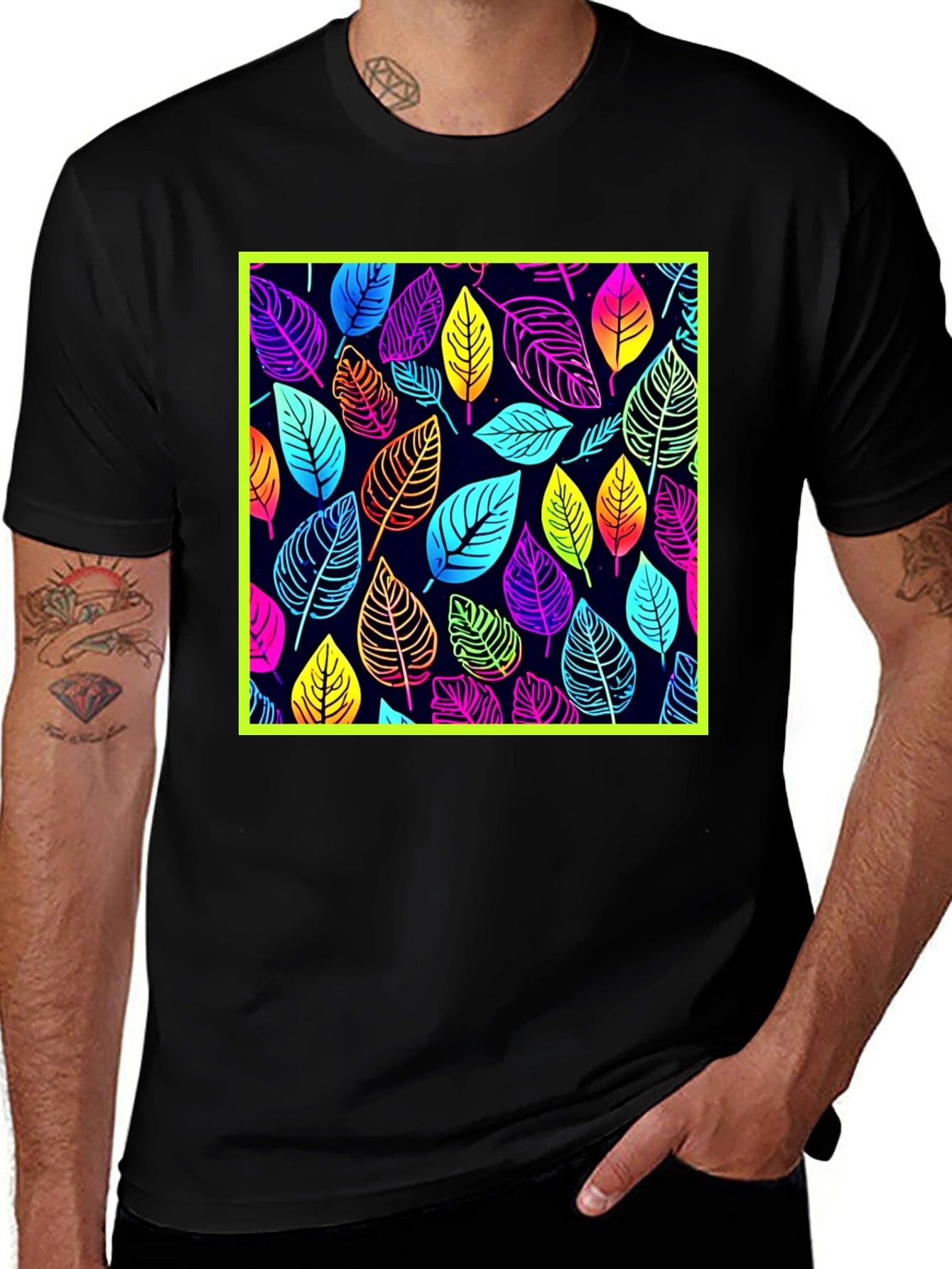 Neon Leaves Graphic Black T-Shirt