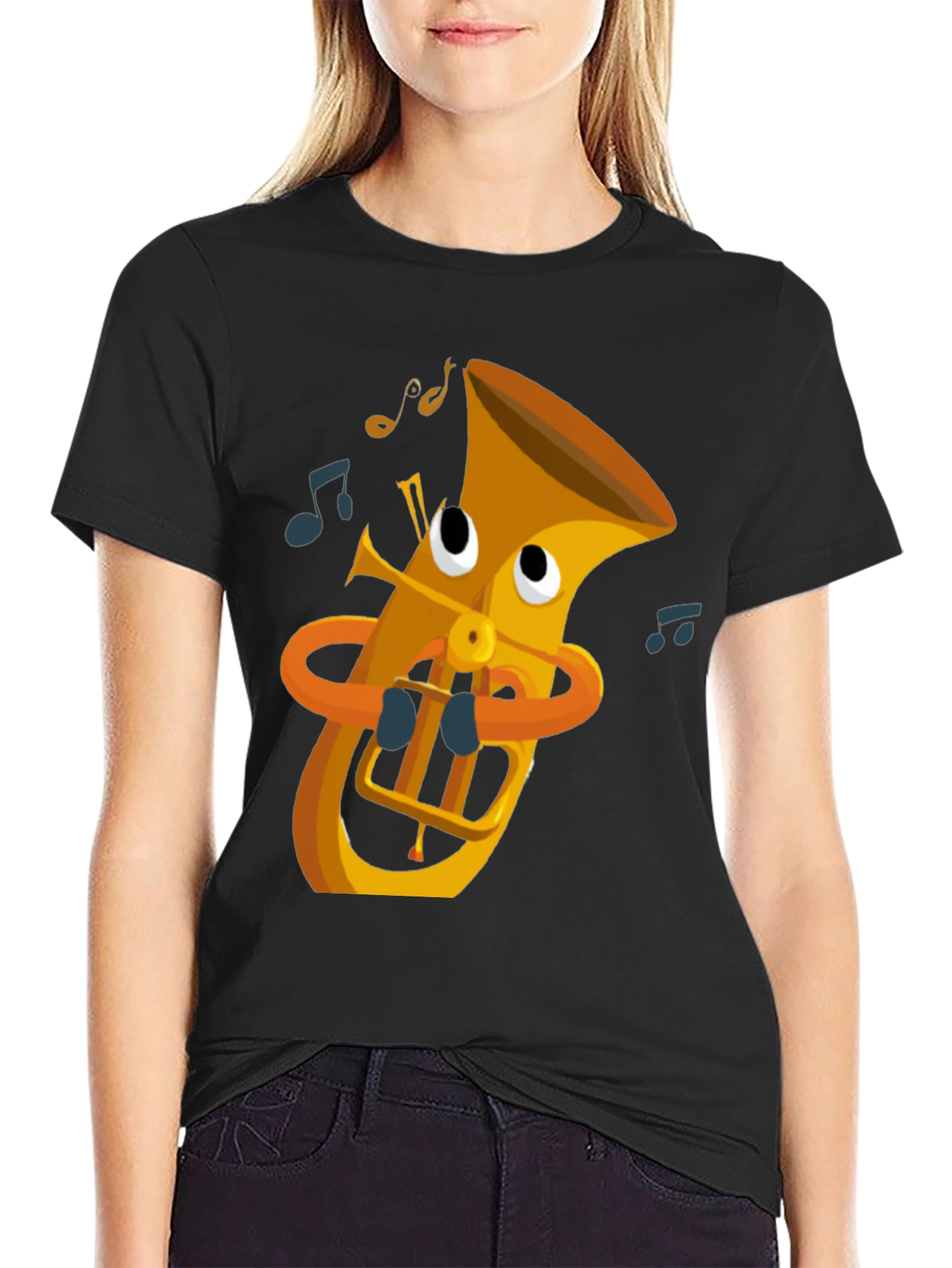 Cartoon Tuba Graphic Tee - Black Cotton T-Shirt