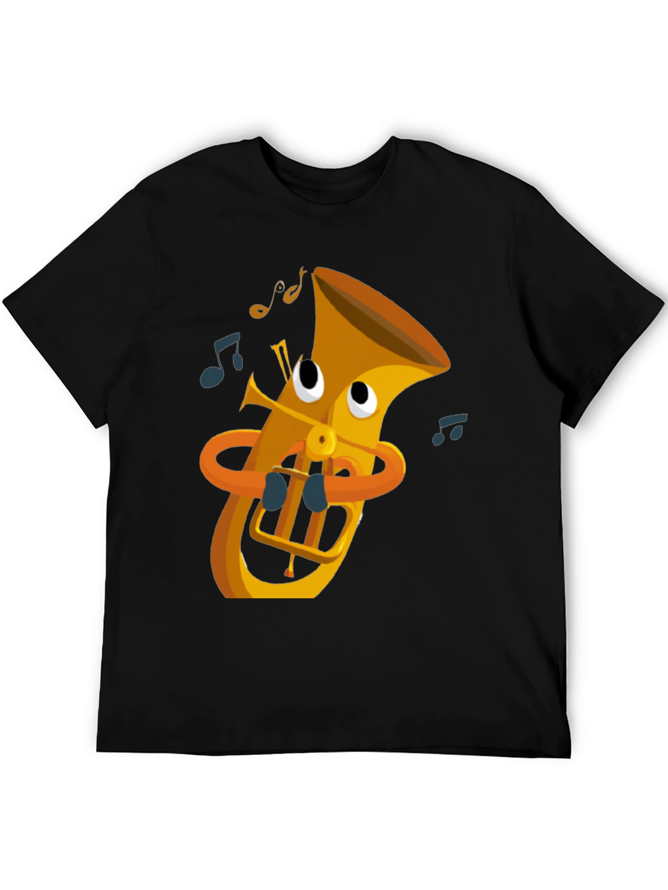 Cartoon Tuba Graphic Tee - Black Cotton T-Shirt