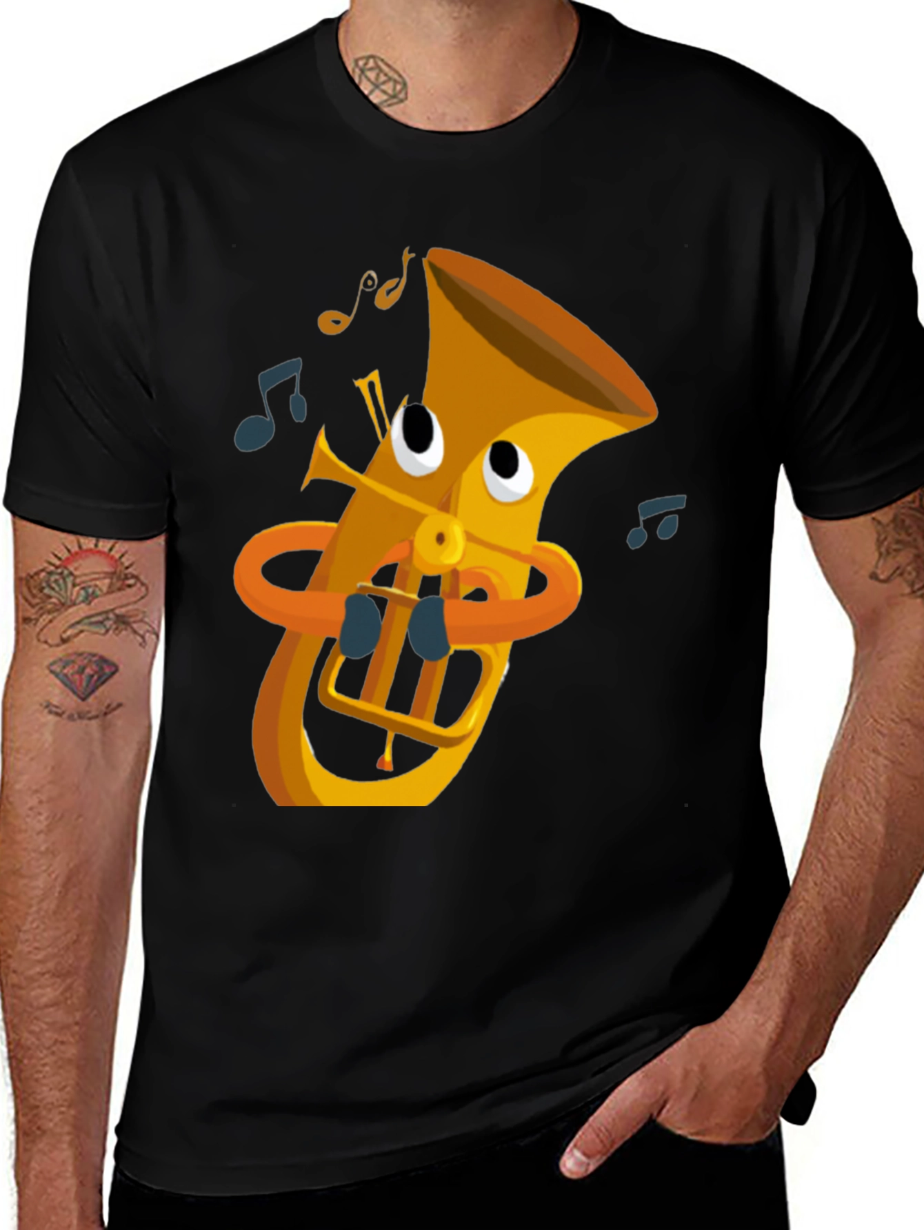 Cartoon Tuba Graphic Tee - Black Cotton T-Shirt