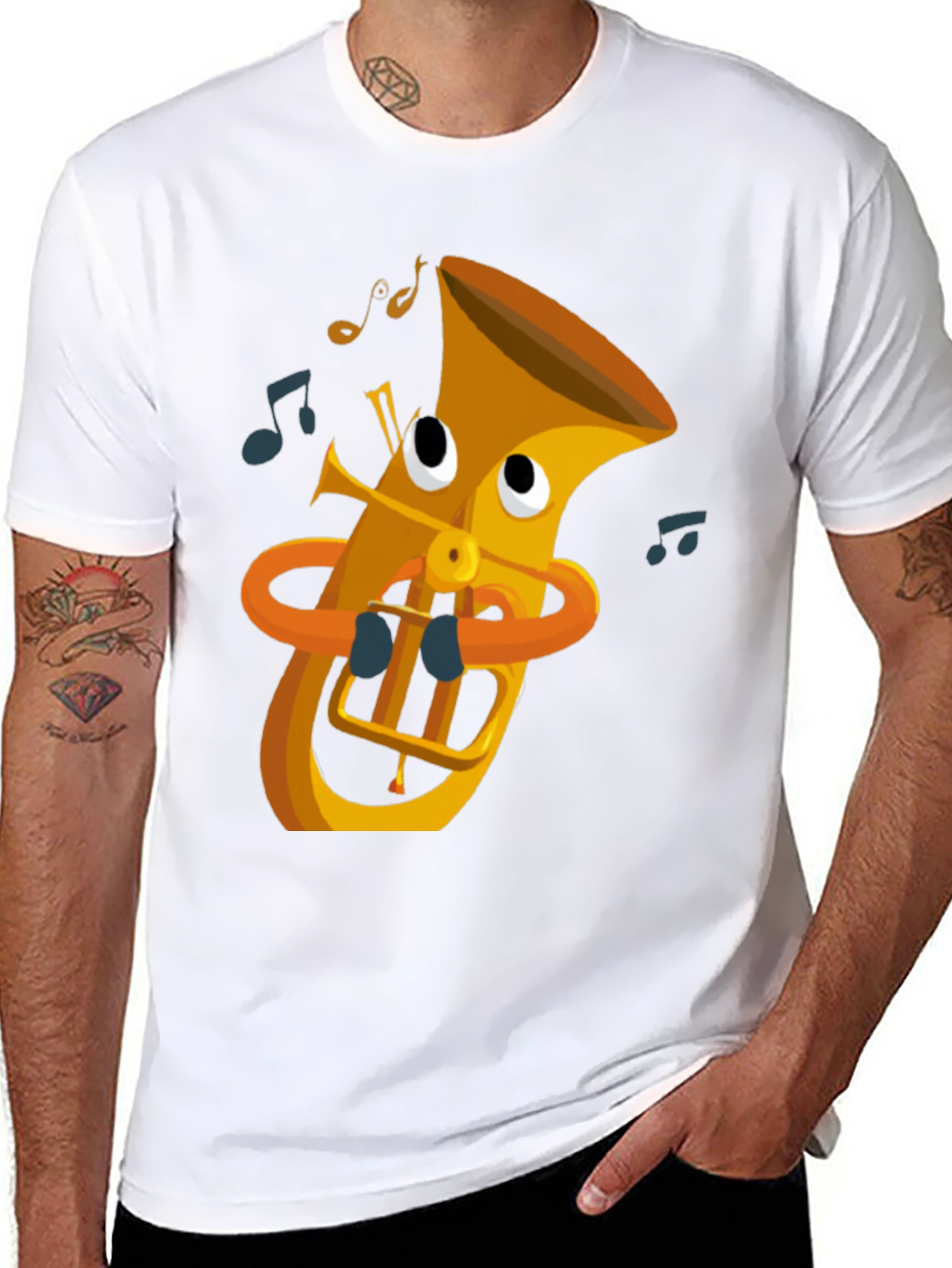 Cartoon Tuba Graphic Tee - Black Cotton T-Shirt