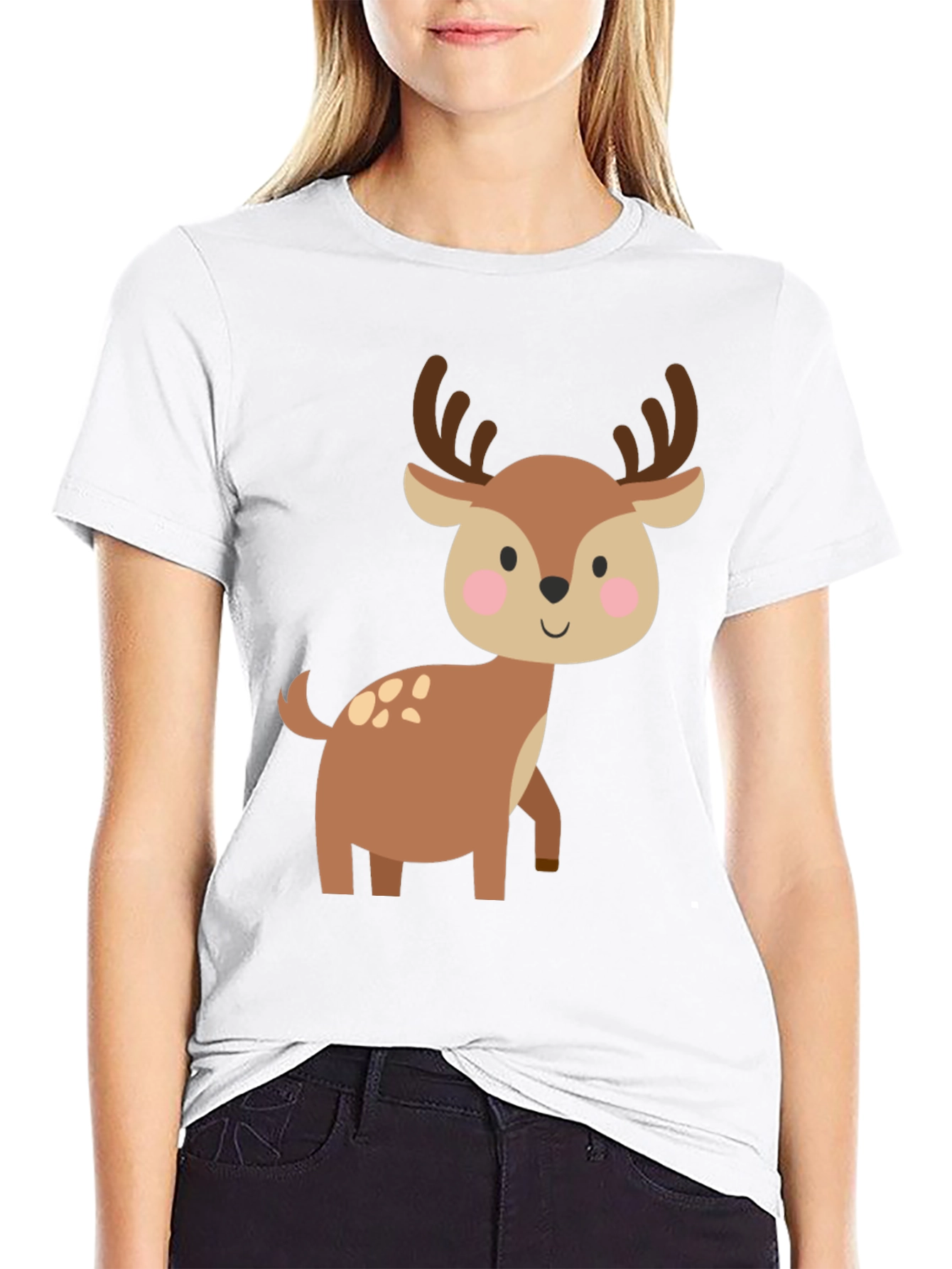 Cute Deer Graphic Tee - Black Cotton Blend