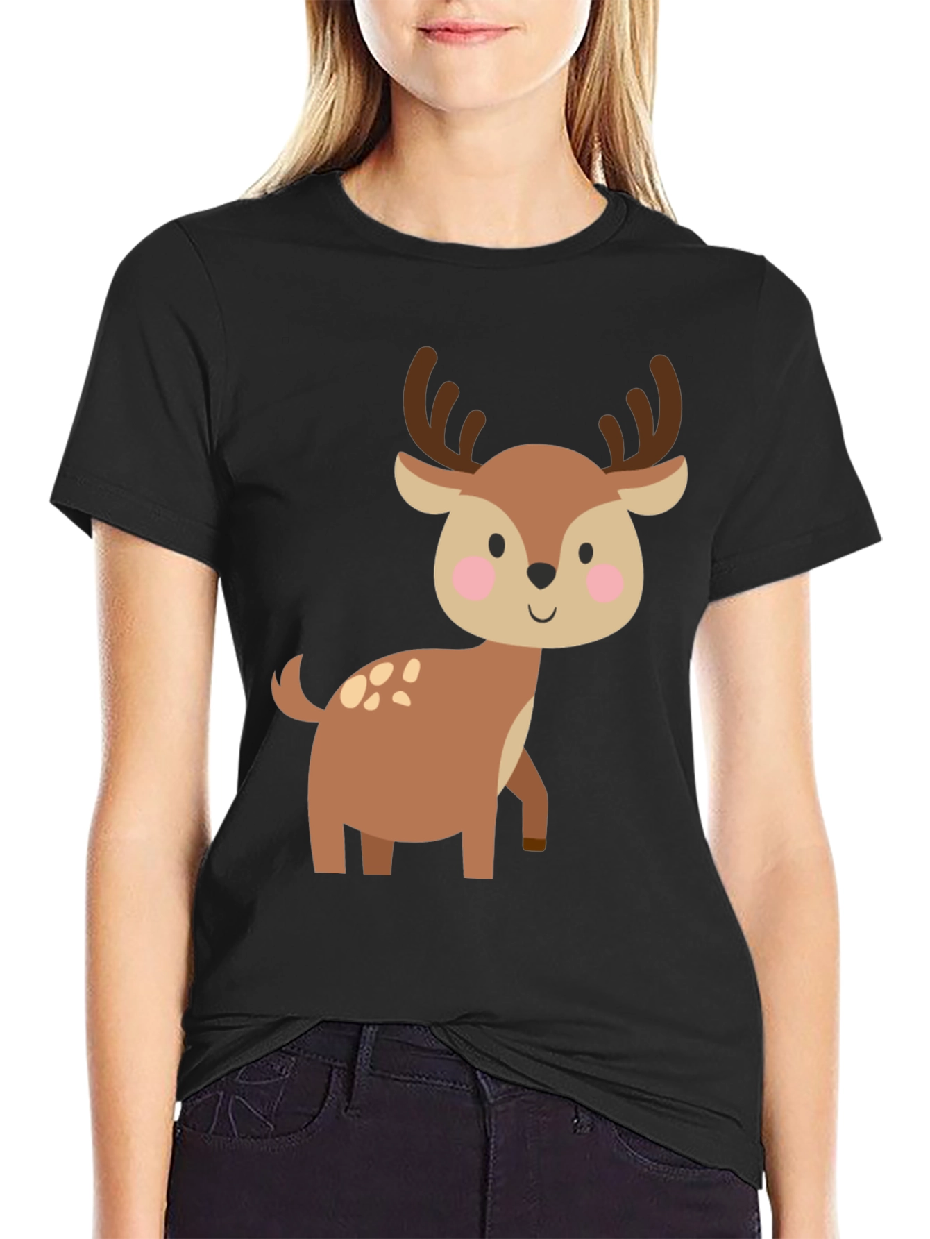 Cute Deer Graphic Tee - Black Cotton Blend