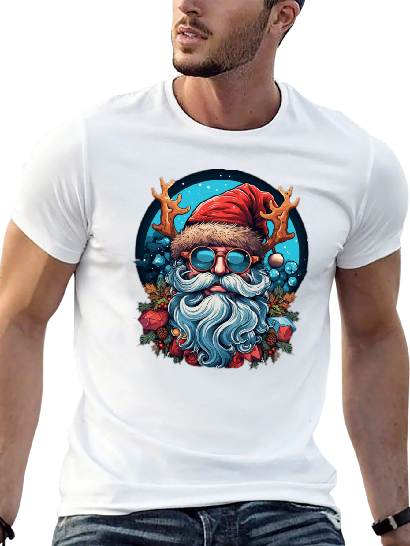 Festive Santa T-Shirt with Reindeer Antlers