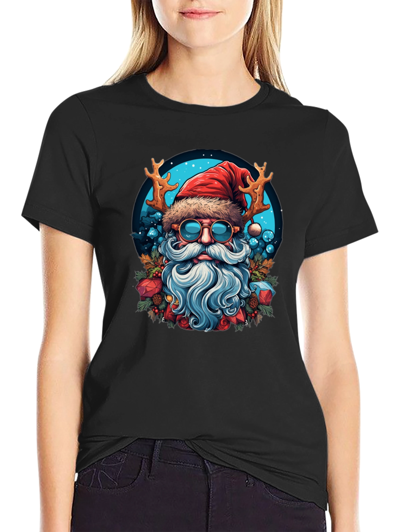 Festive Santa T-Shirt with Reindeer Antlers