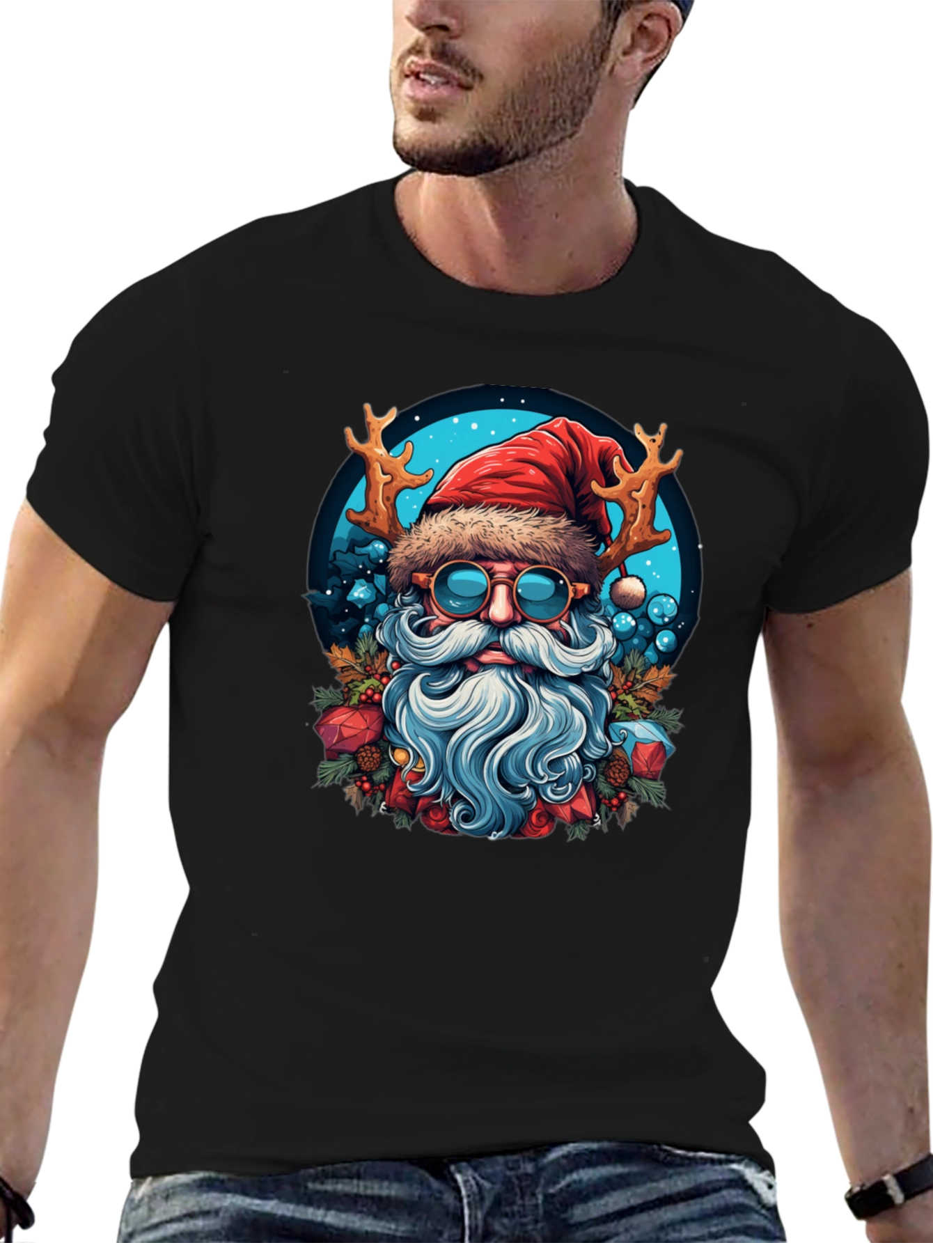 Festive Santa T-Shirt with Reindeer Antlers