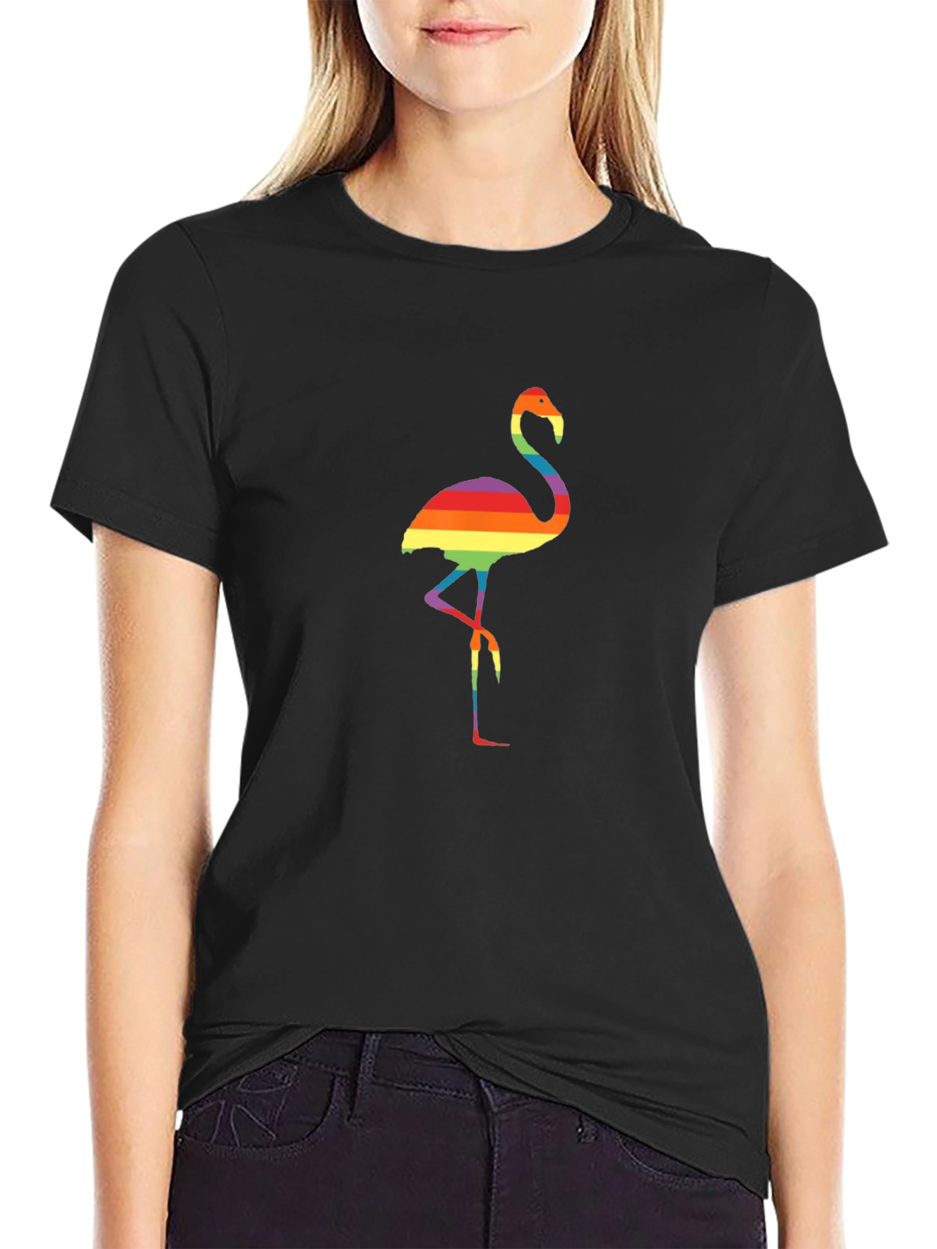 Rainbow Flamingo Graphic Tee - Black Casual Shirt