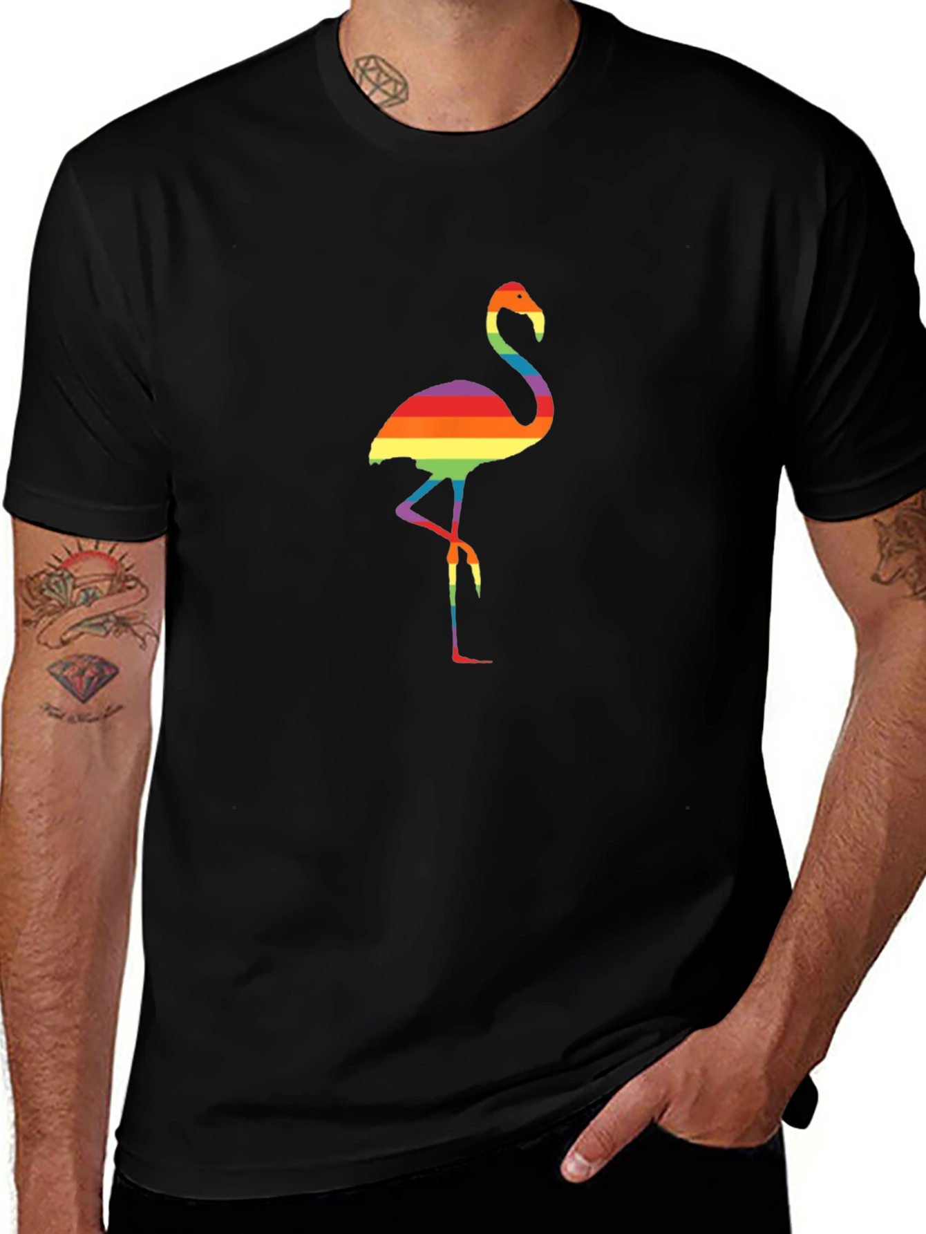Rainbow Flamingo Graphic Tee - Black Casual Shirt