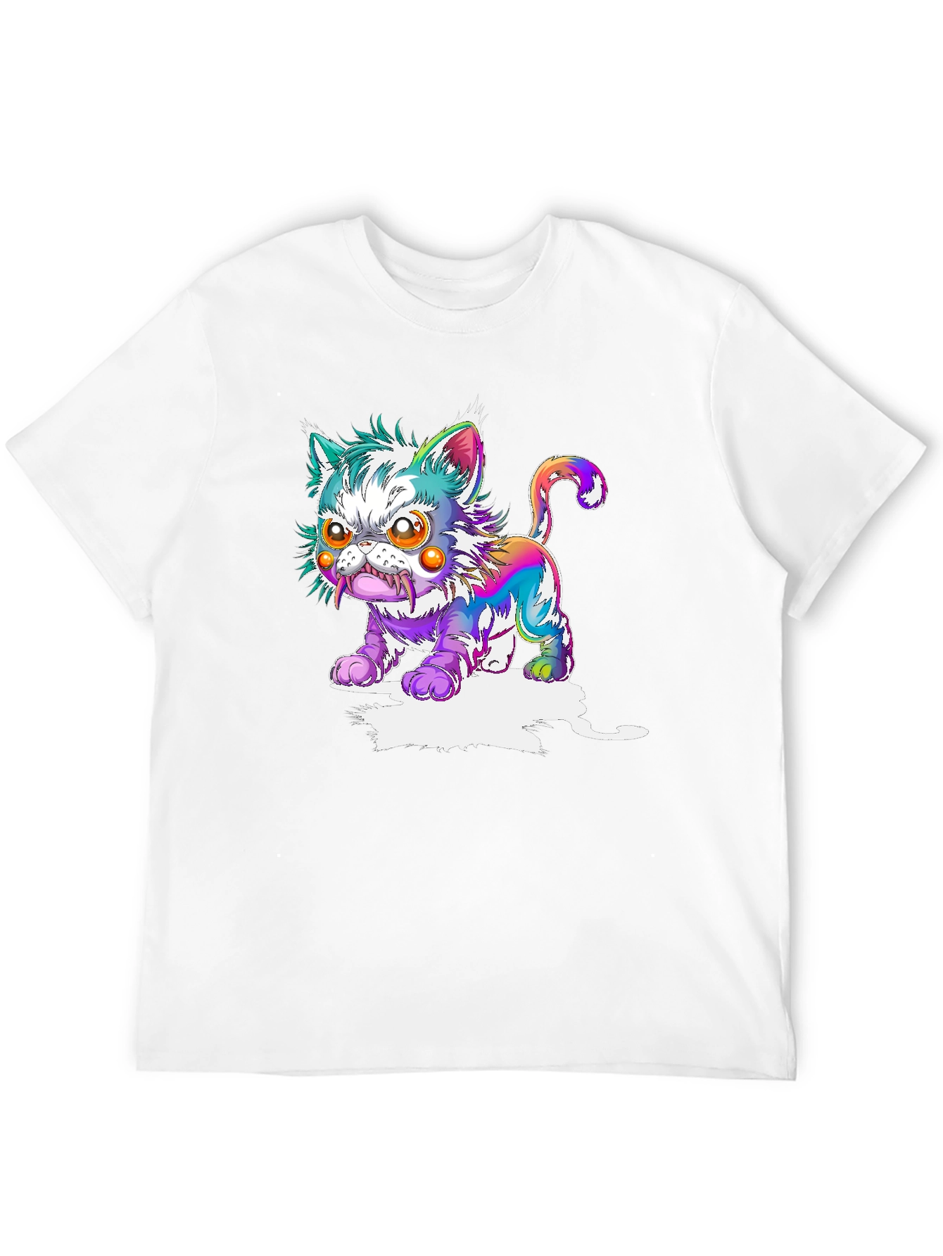 Mens Black T-Shirt with Psychedelic Cat Graphic