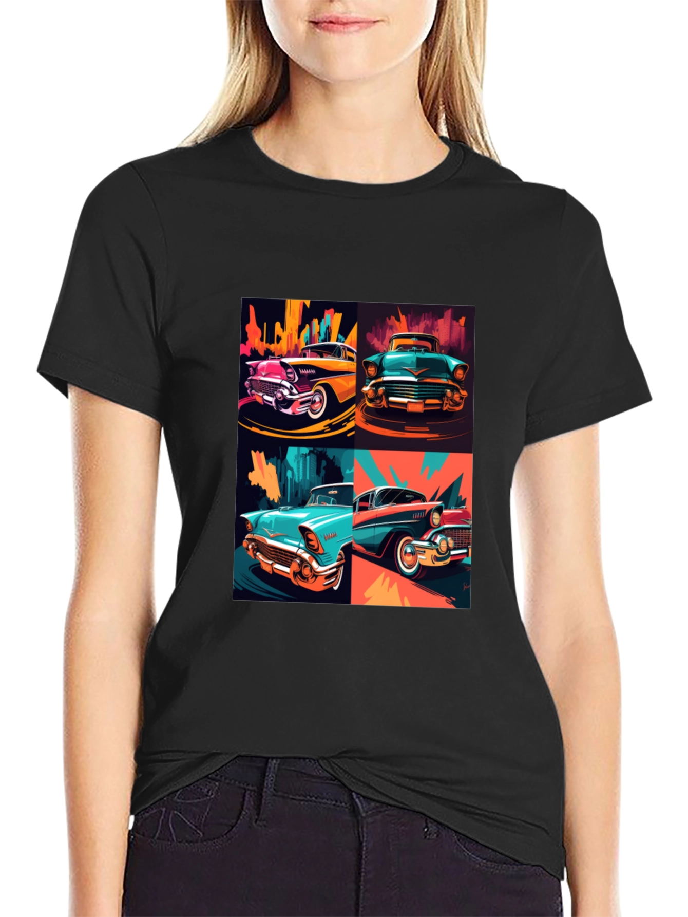 Retro Car Collage Black T-Shirt