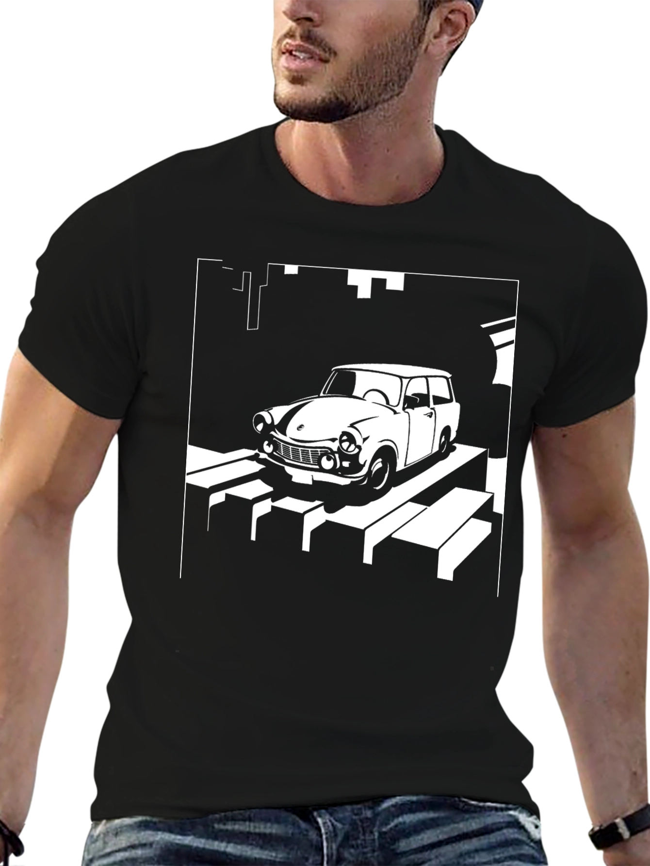 Retro Car Graphic Tee - Black Crew Neck