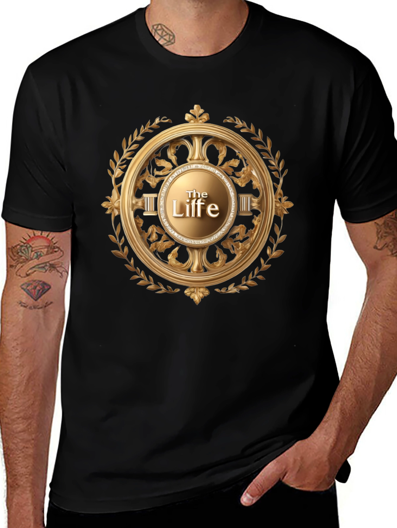 The Life Black T-Shirt with Golden Laurel Graphic