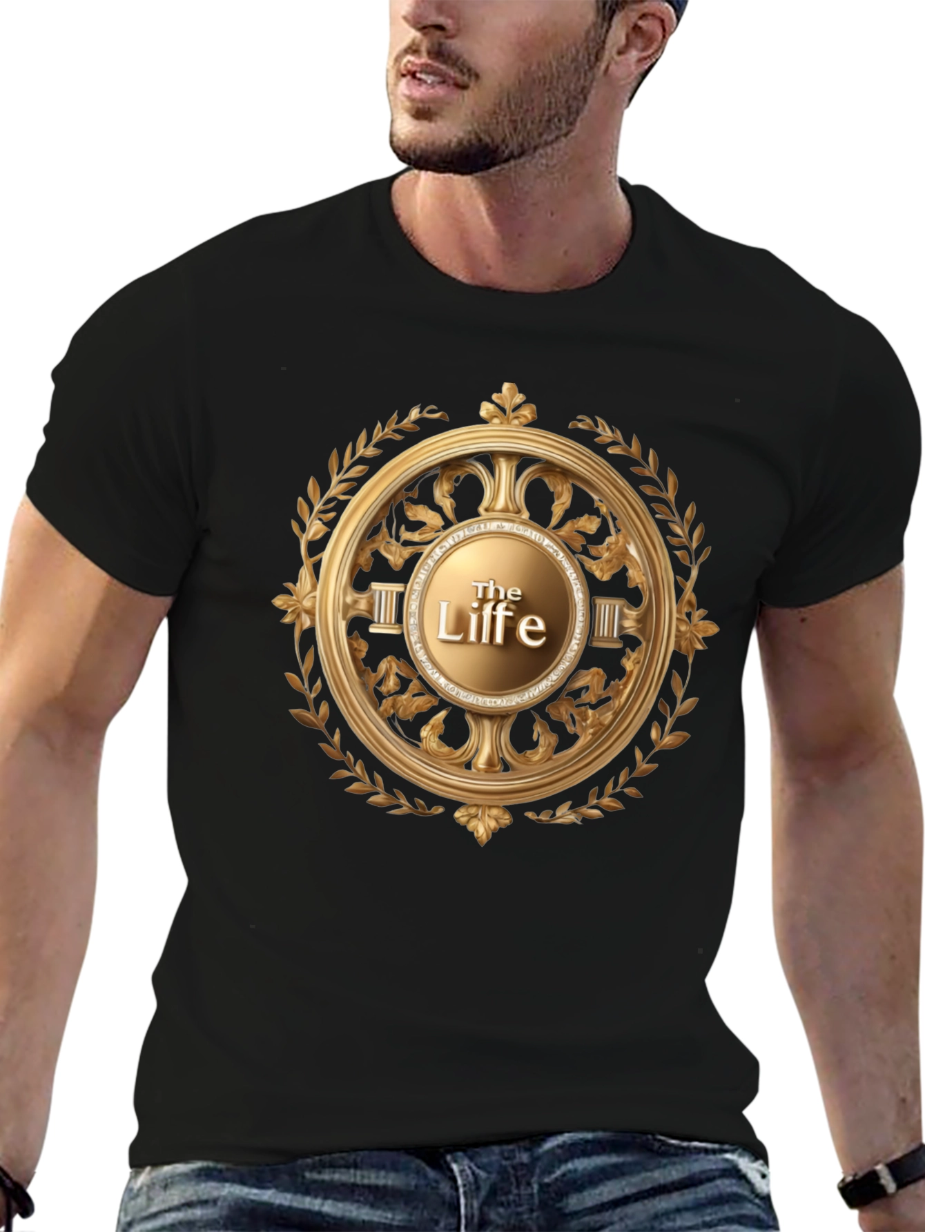 The Life Black T-Shirt with Golden Laurel Graphic