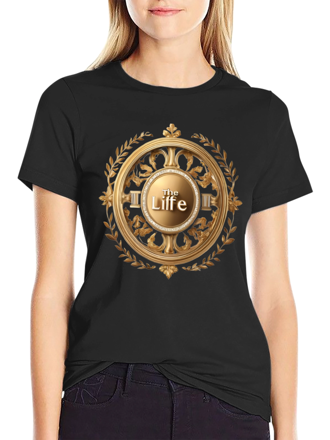 The Life Black T-Shirt with Golden Laurel Graphic