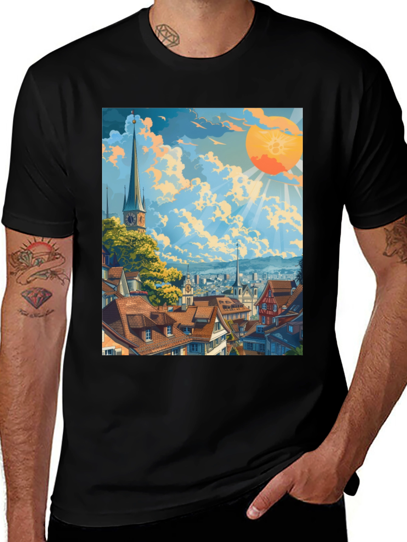 Scenic Cityscape Graphic Tee - Artistic Style
