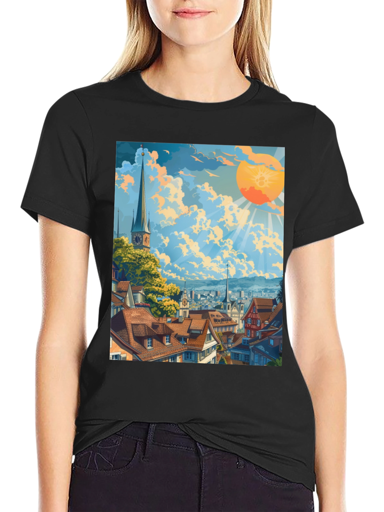 Scenic Cityscape Graphic Tee - Artistic Style