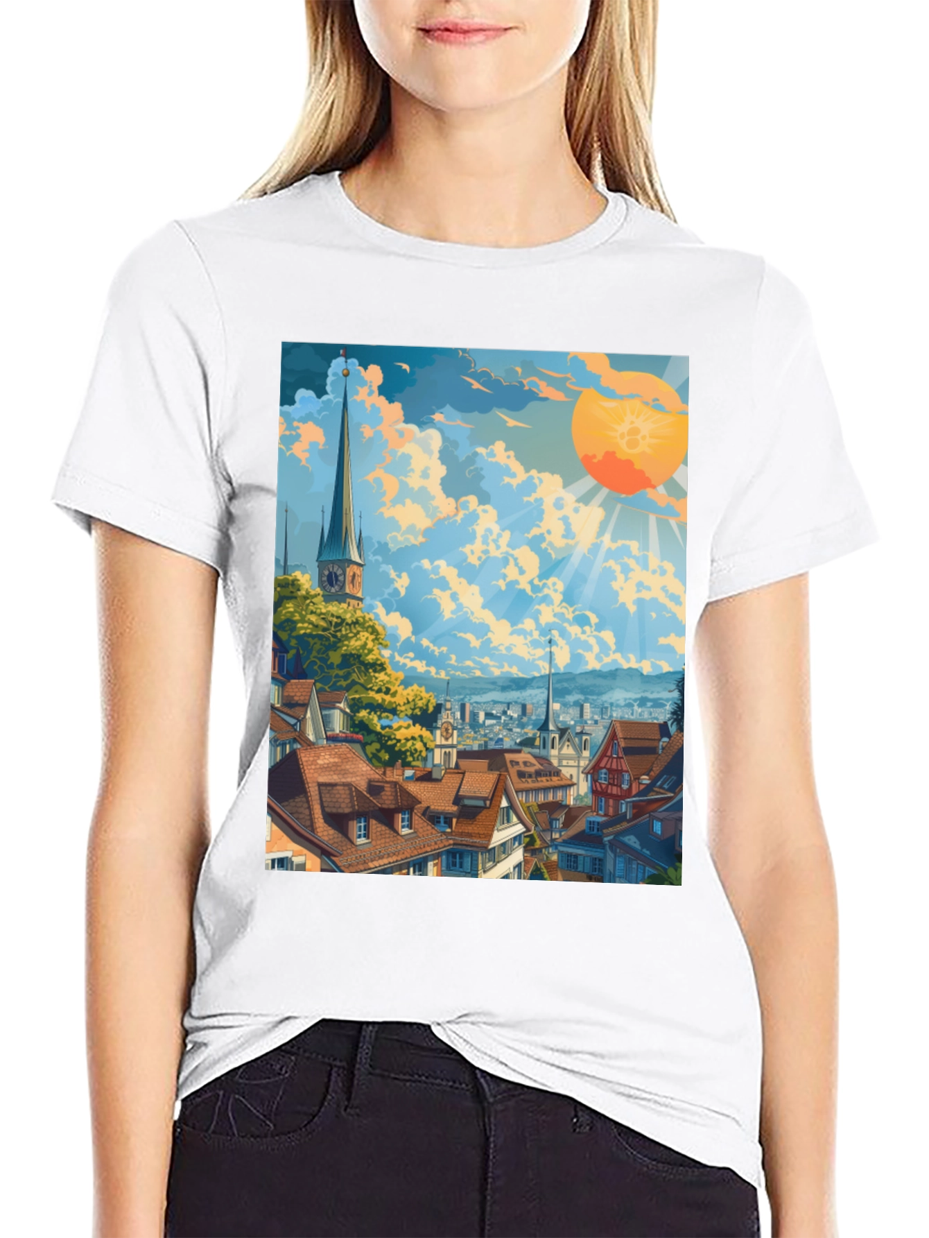 Scenic Cityscape Graphic Tee - Artistic Style