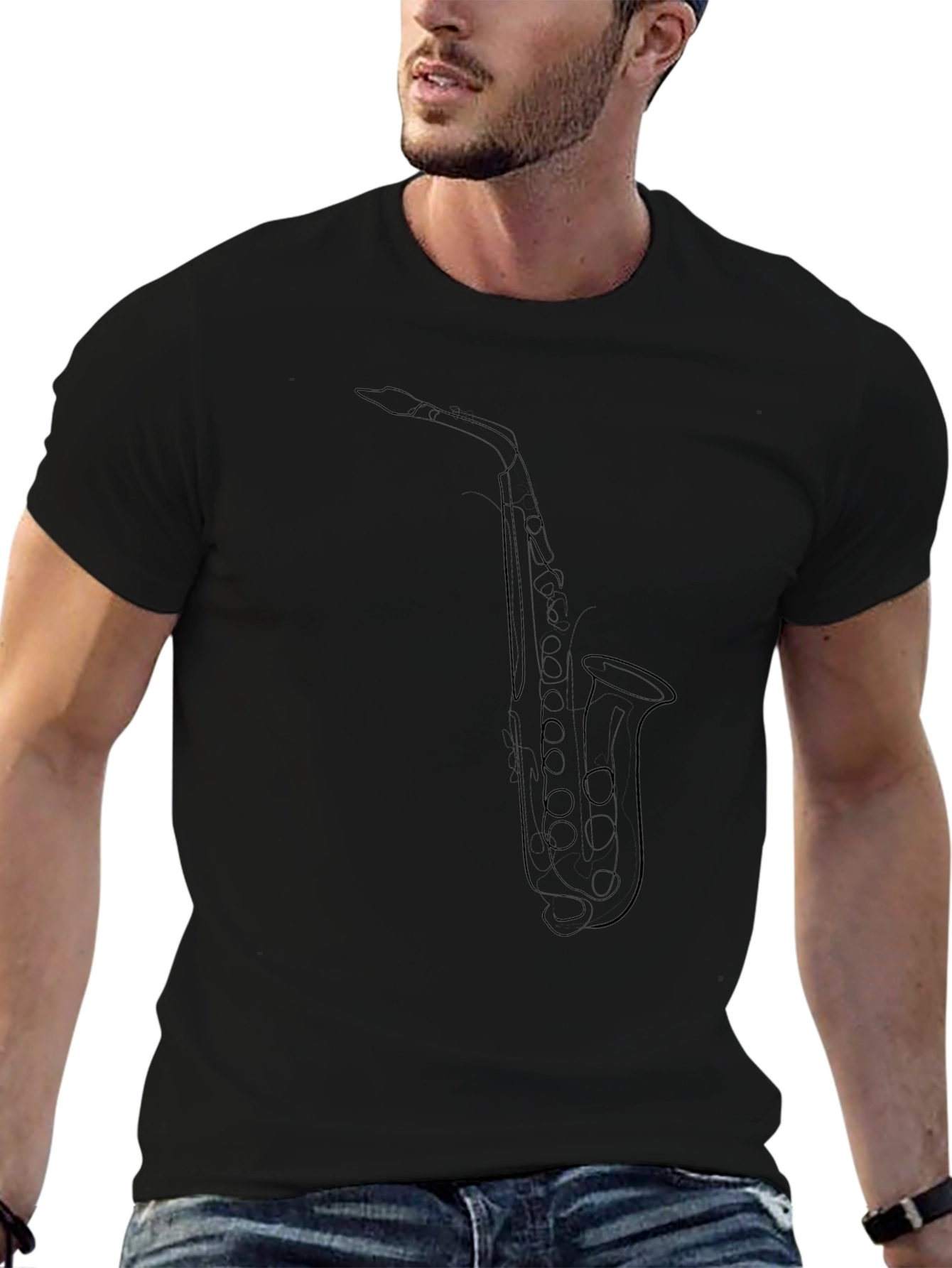 Saxophone Line Art Black T-Shirt