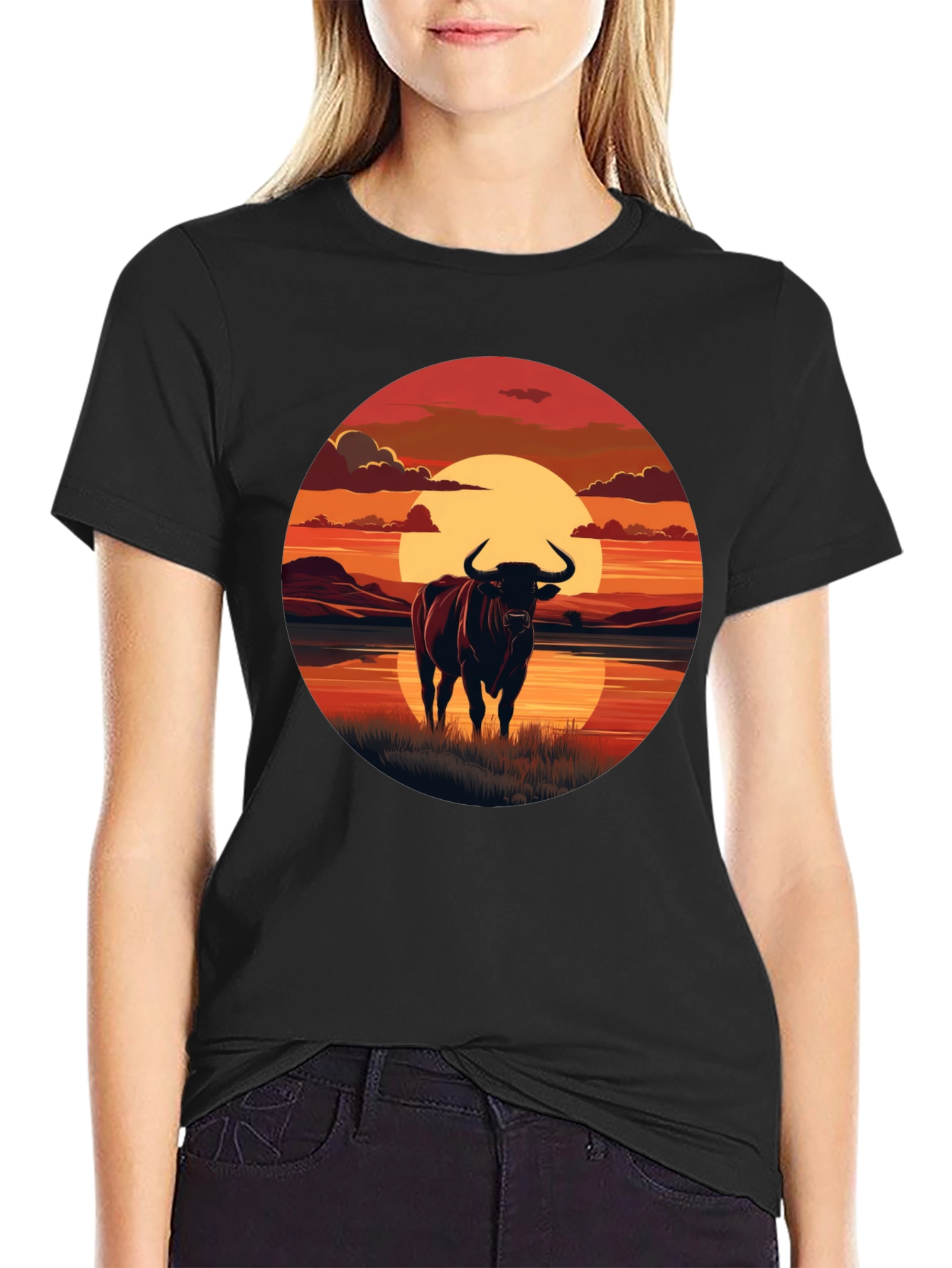 Bull Sunset Graphic Tee - Black Cotton Blend
