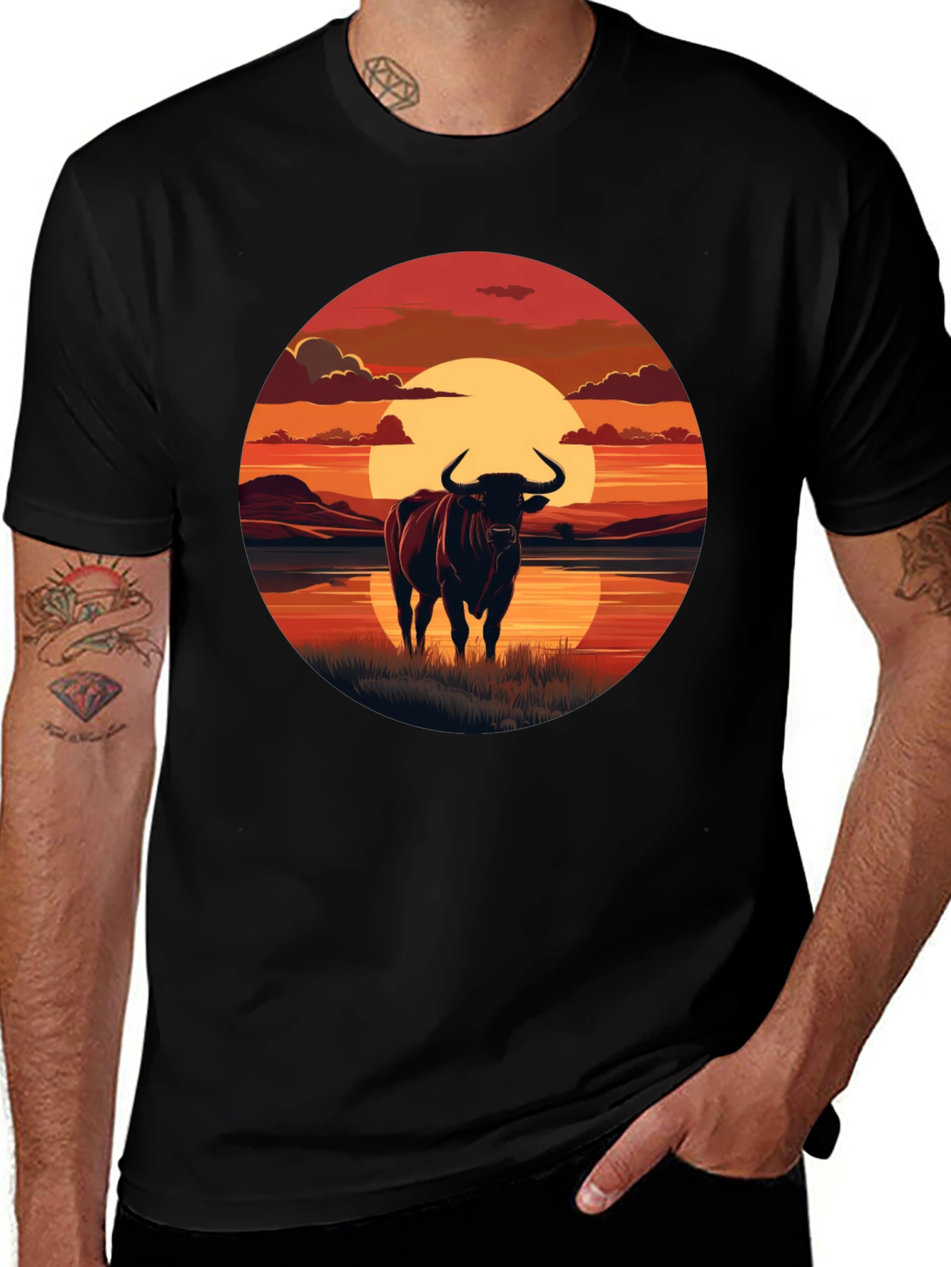 Bull Sunset Graphic Tee - Black Cotton Blend
