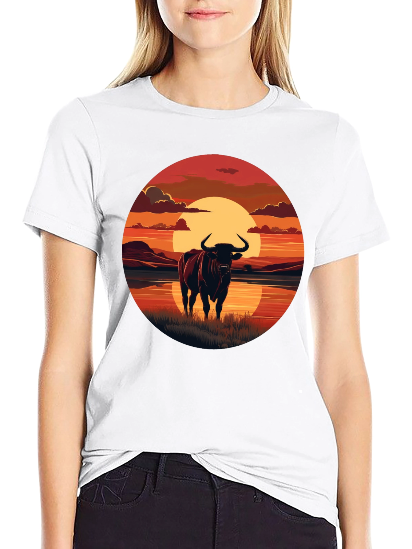 Bull Sunset Graphic Tee - Black Cotton Blend