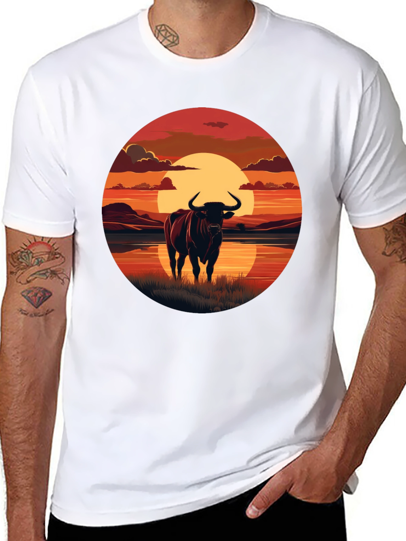 Bull Sunset Graphic Tee - Black Cotton Blend