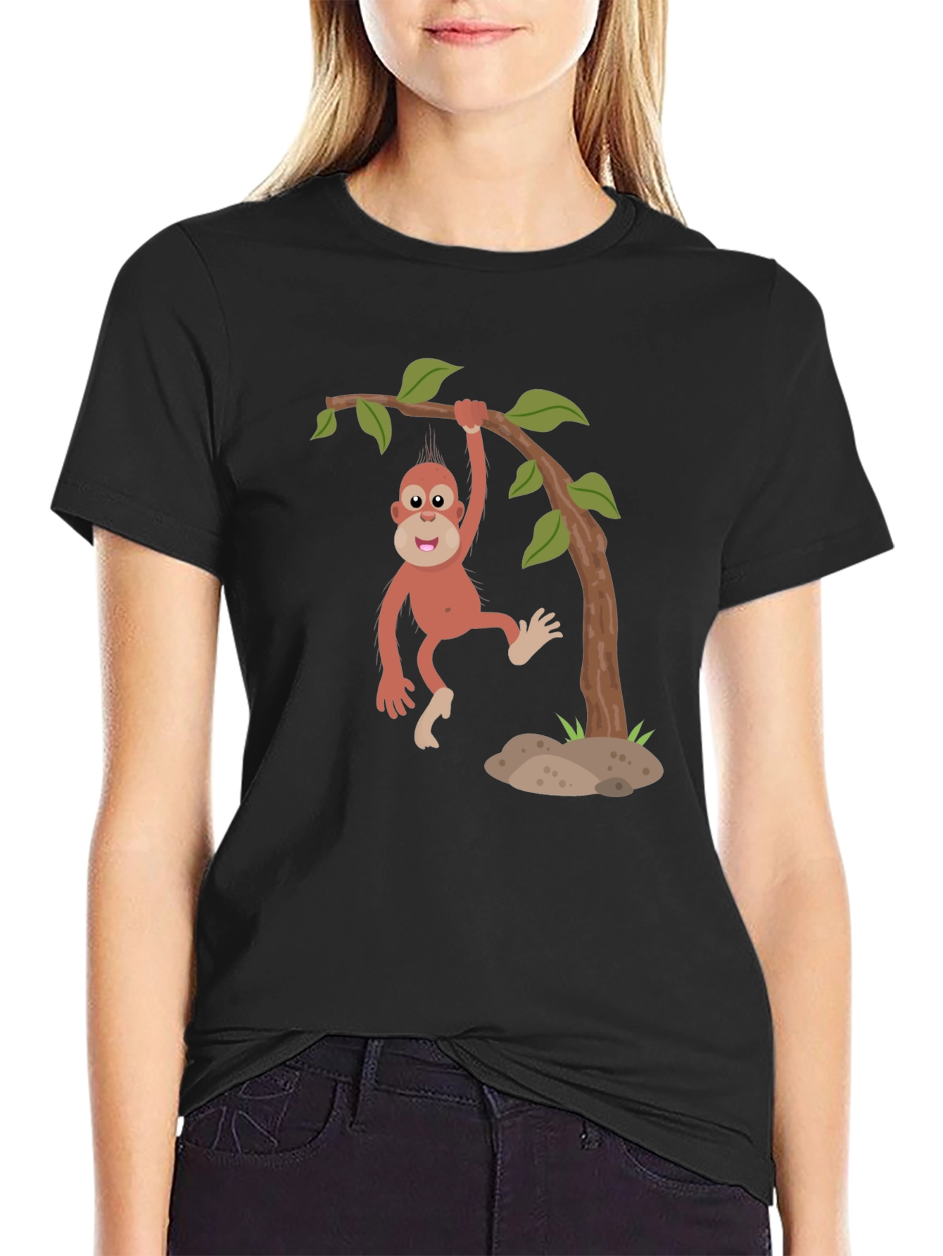 Cartoon Monkey Hanging from Tree Black T-Shirt