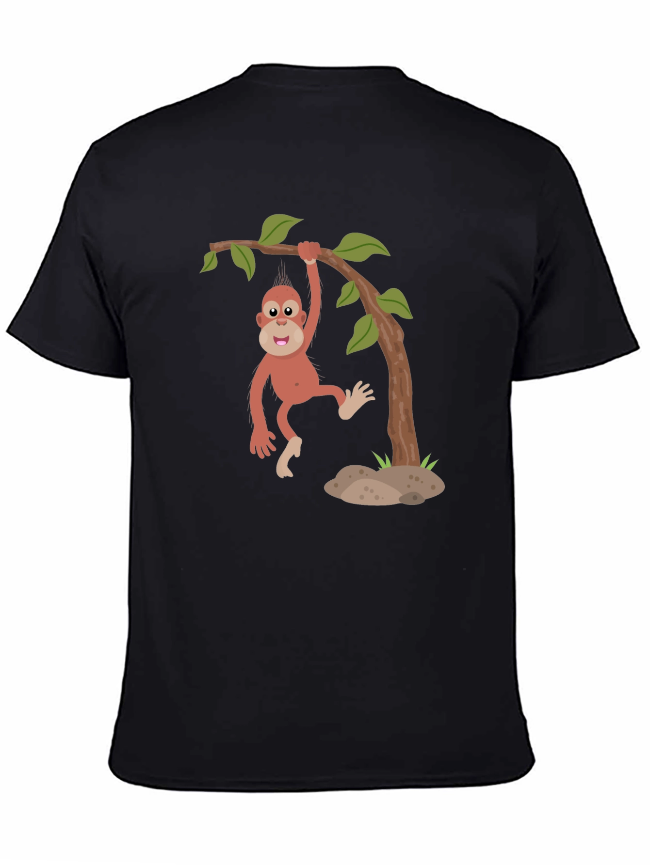 Cartoon Monkey Hanging from Tree Black T-Shirt
