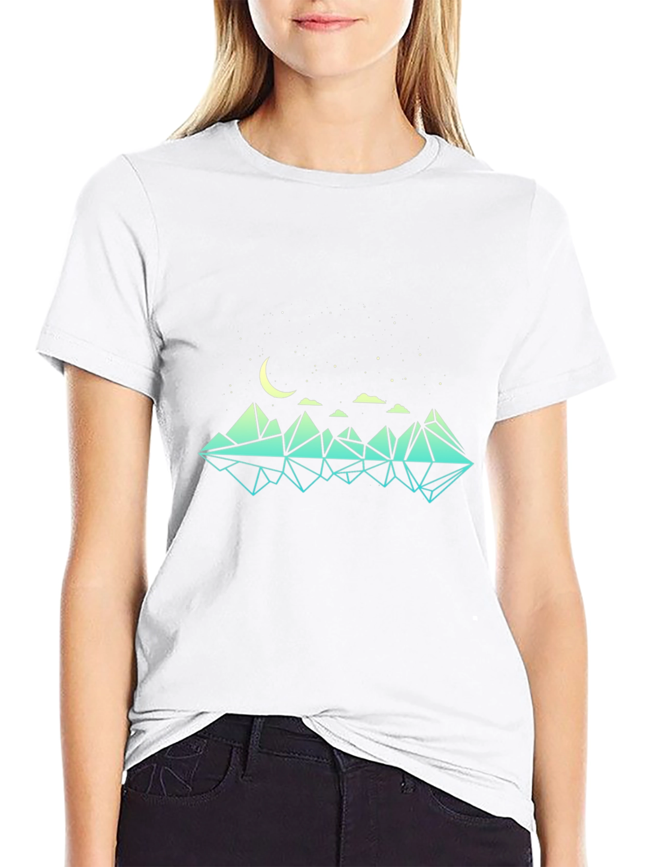 Geometric Mountain & Moon Graphic Black T-Shirt
