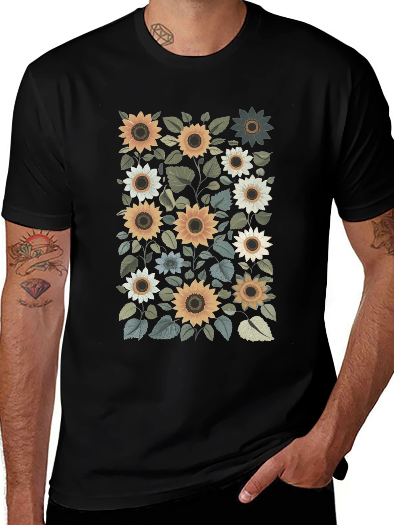 Sunflower Print Black T-Shirt