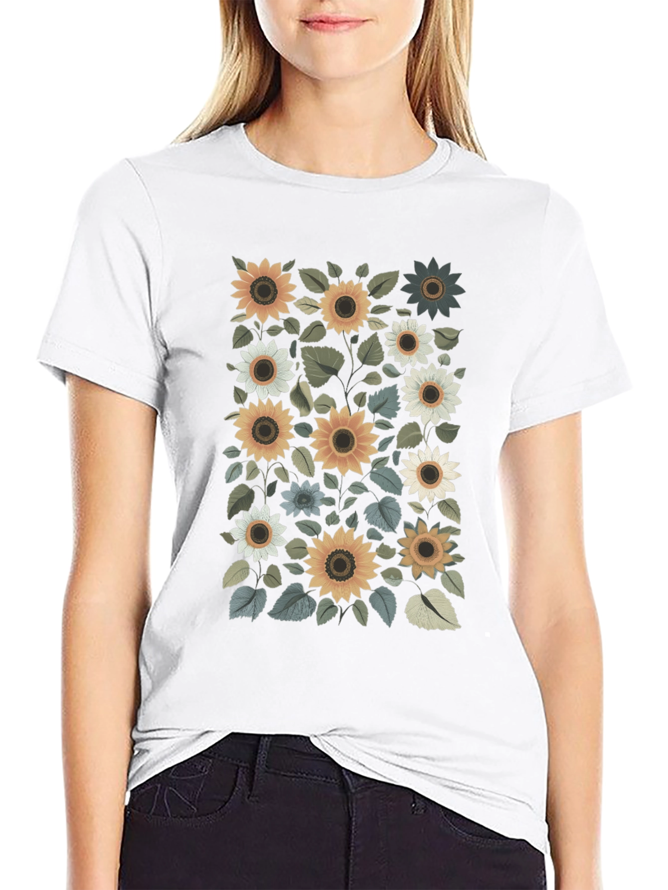 Sunflower Print Black T-Shirt