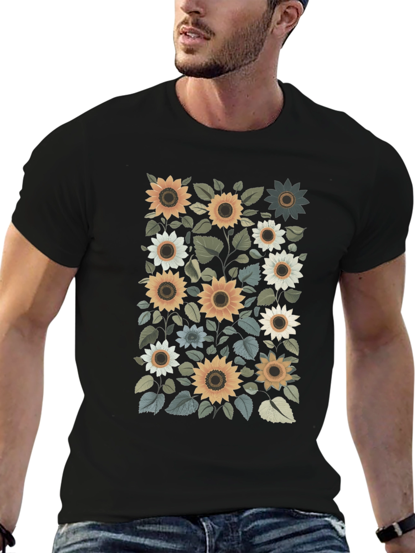 Sunflower Print Black T-Shirt