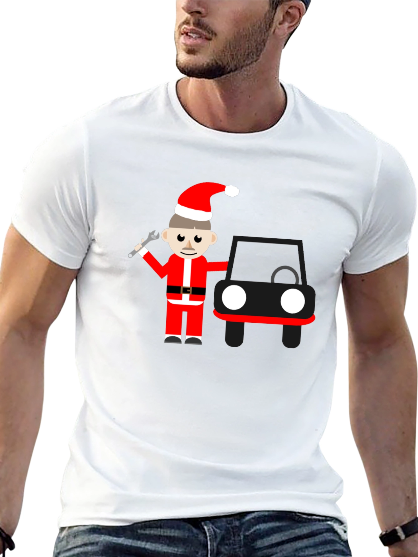 Cartoon Santa Mechanic Black T-Shirt