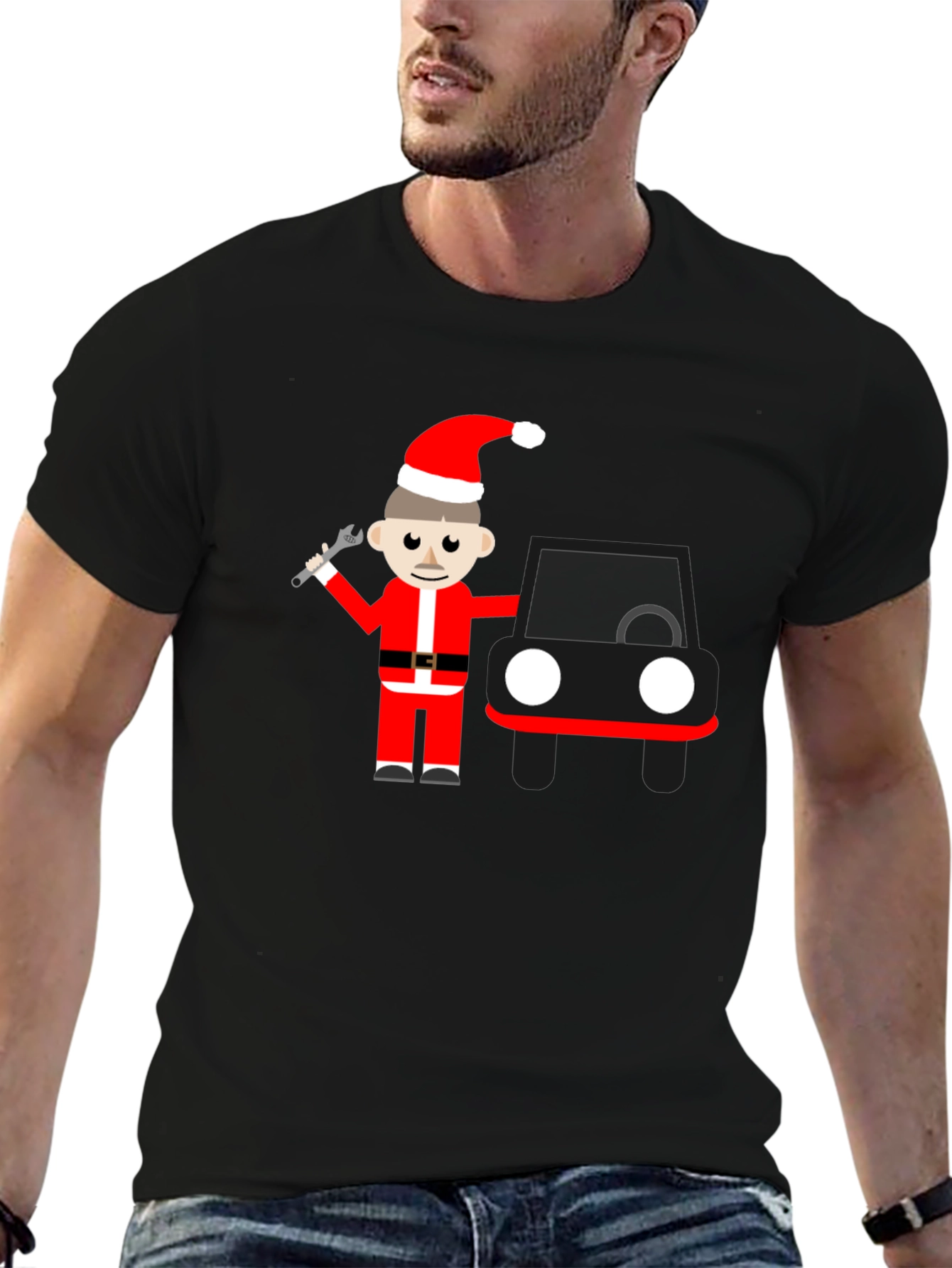 Cartoon Santa Mechanic Black T-Shirt