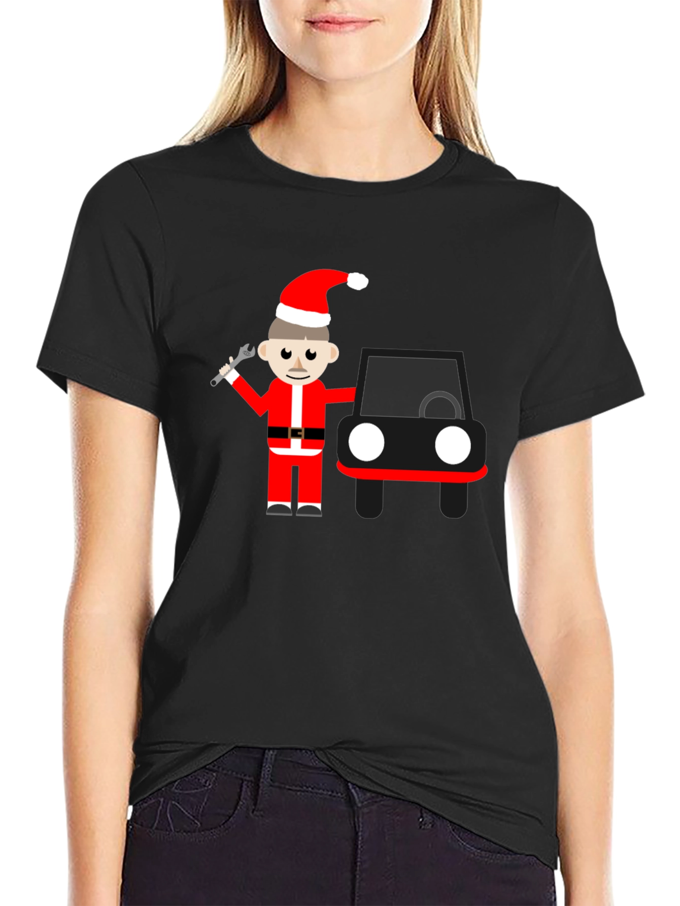Cartoon Santa Mechanic Black T-Shirt